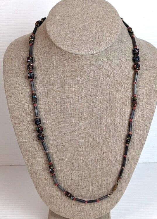 vintage necklace beaded earthtones bohemian artisan black 22″ L