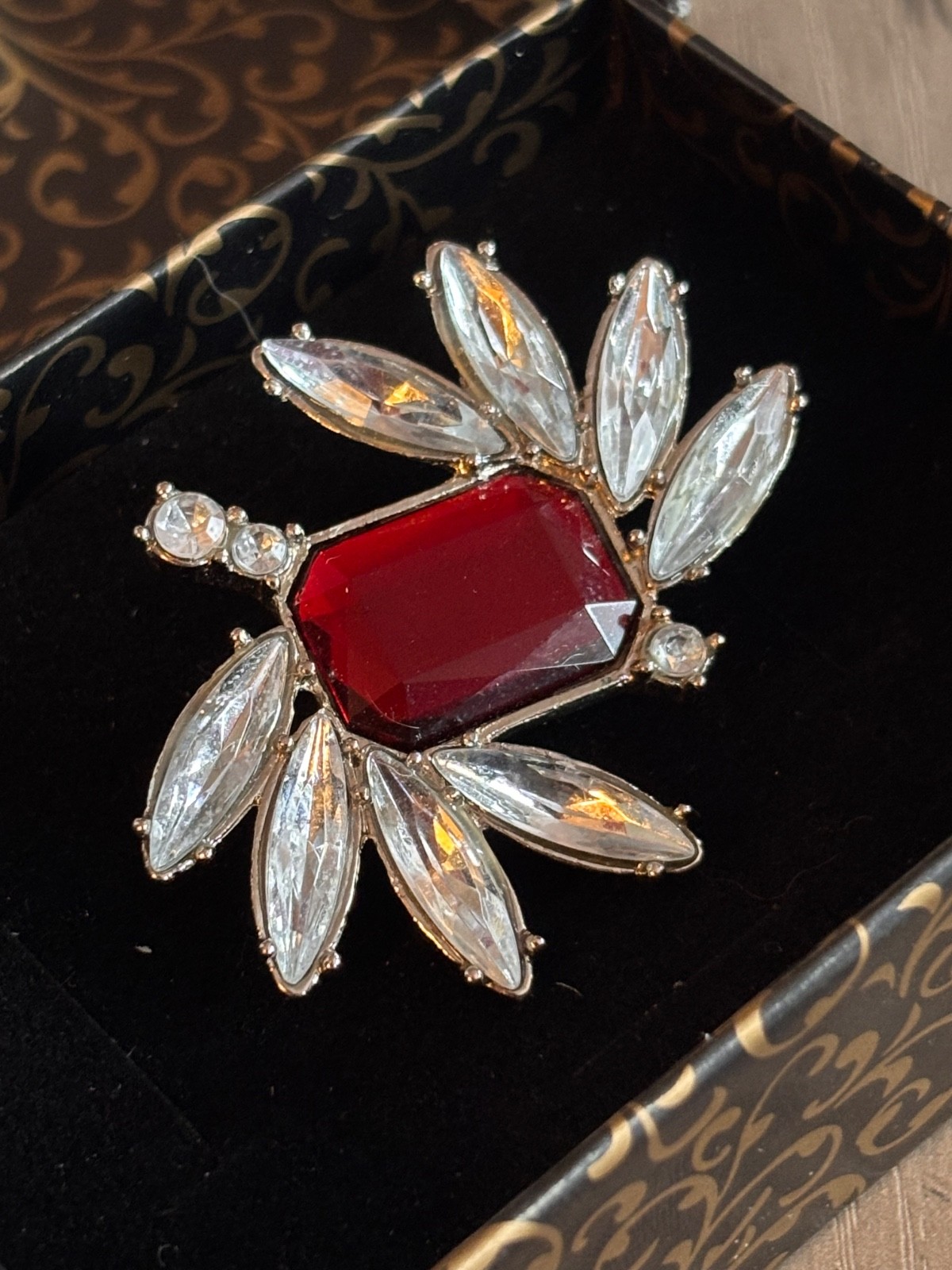 Vintage Silver Tone Brooch Red and Clear Rhinestone Accents