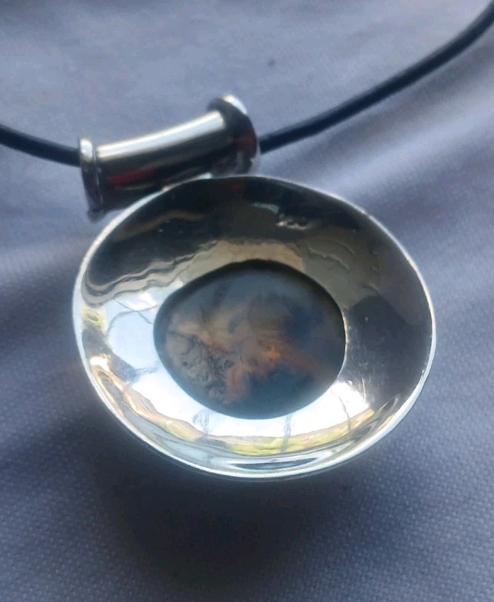 Vintage 1980’s Amber Turquoise And 950 Silver Pendant on Leather Cord