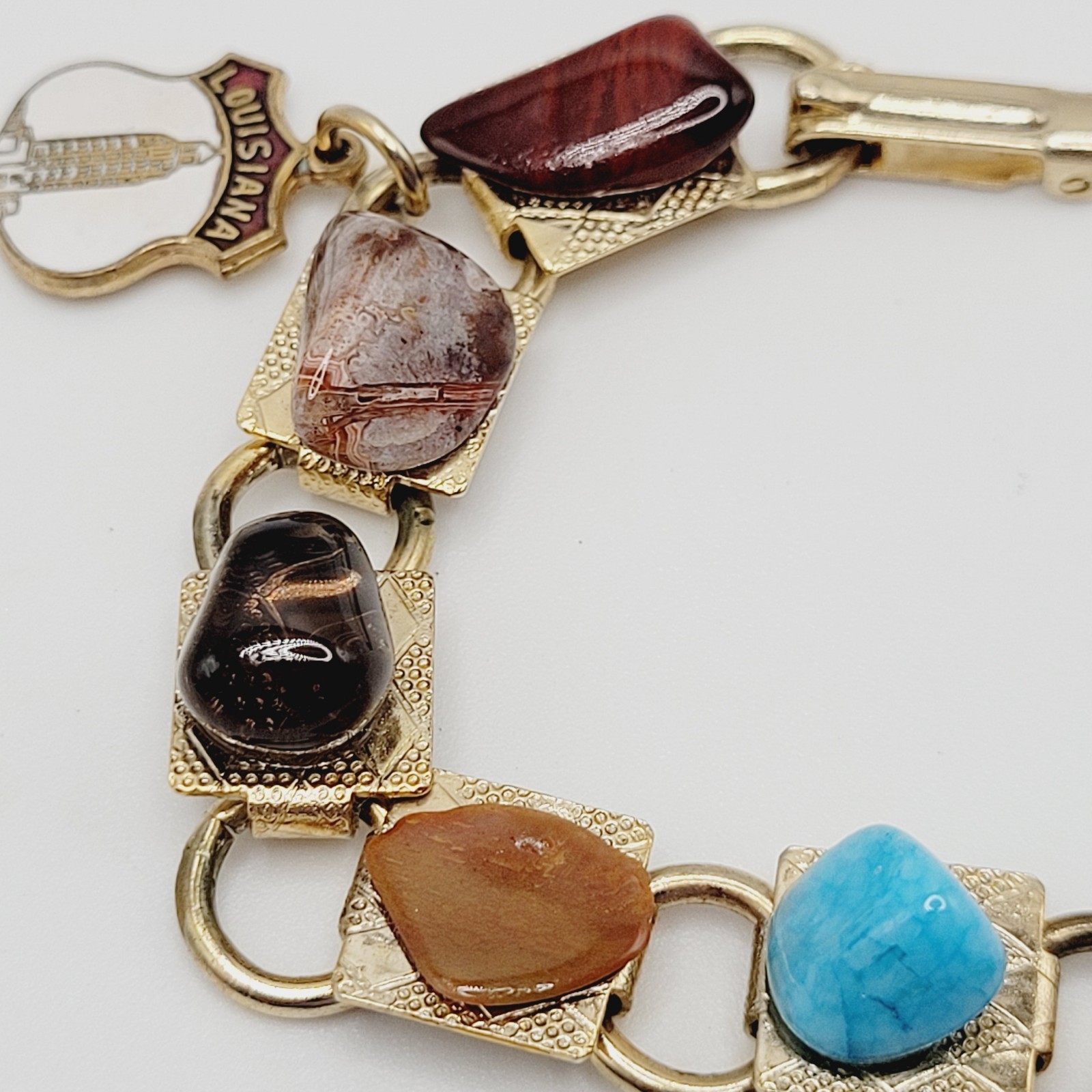 Souvenir Louisiana Natures Worldwide Polished Gemstones Gold Tone Vtg Bracelet