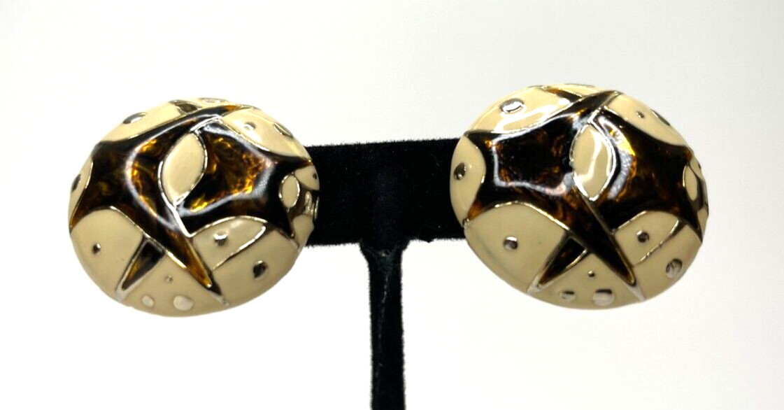 VINTAGE ORENA PARIS EARRINGS Gold Tone & Enamel Stardust Retro Pattern CLIP ONS