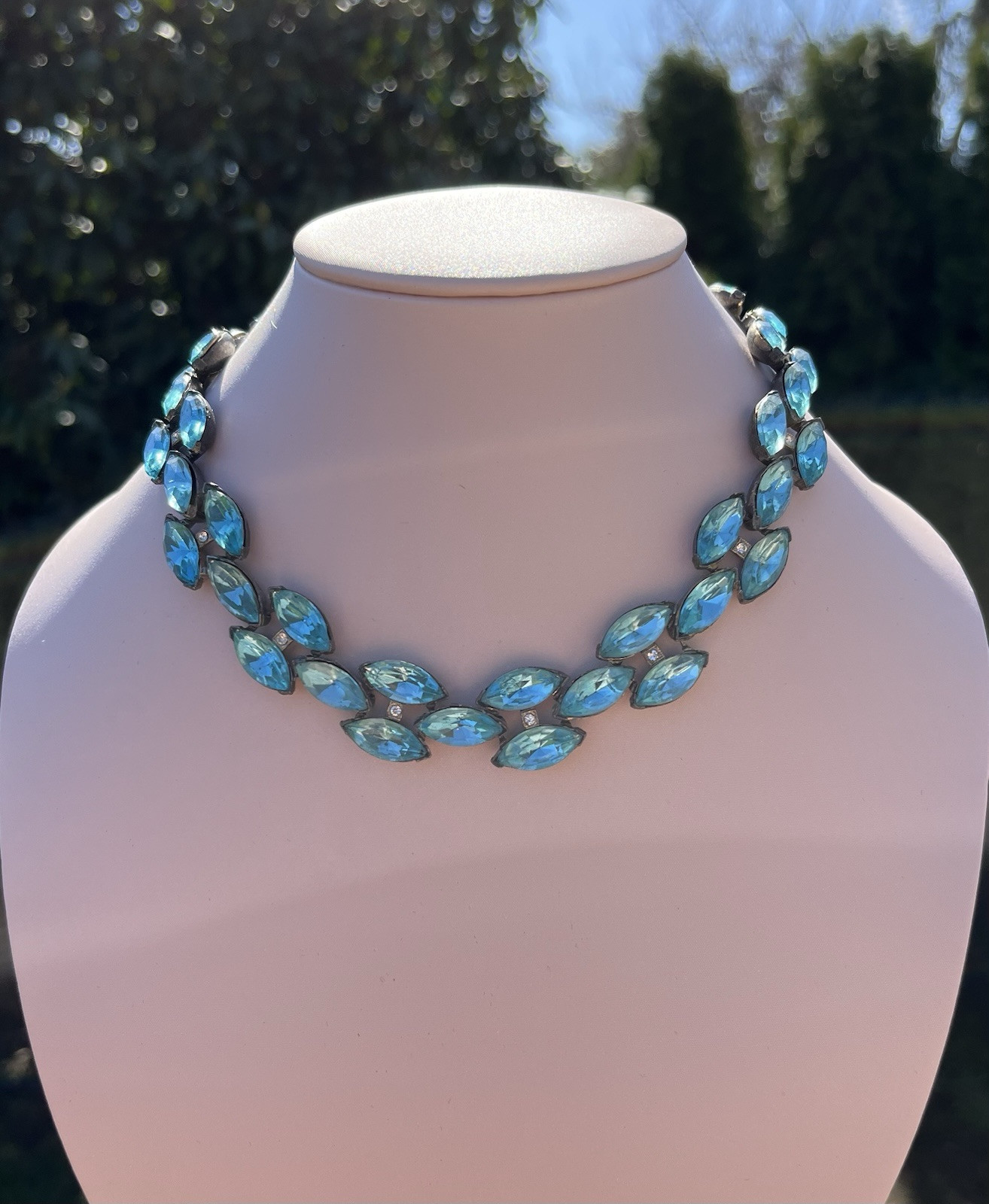 Vintage Aqua Rhinestone Pot Metal Rivière Necklace Not Signed