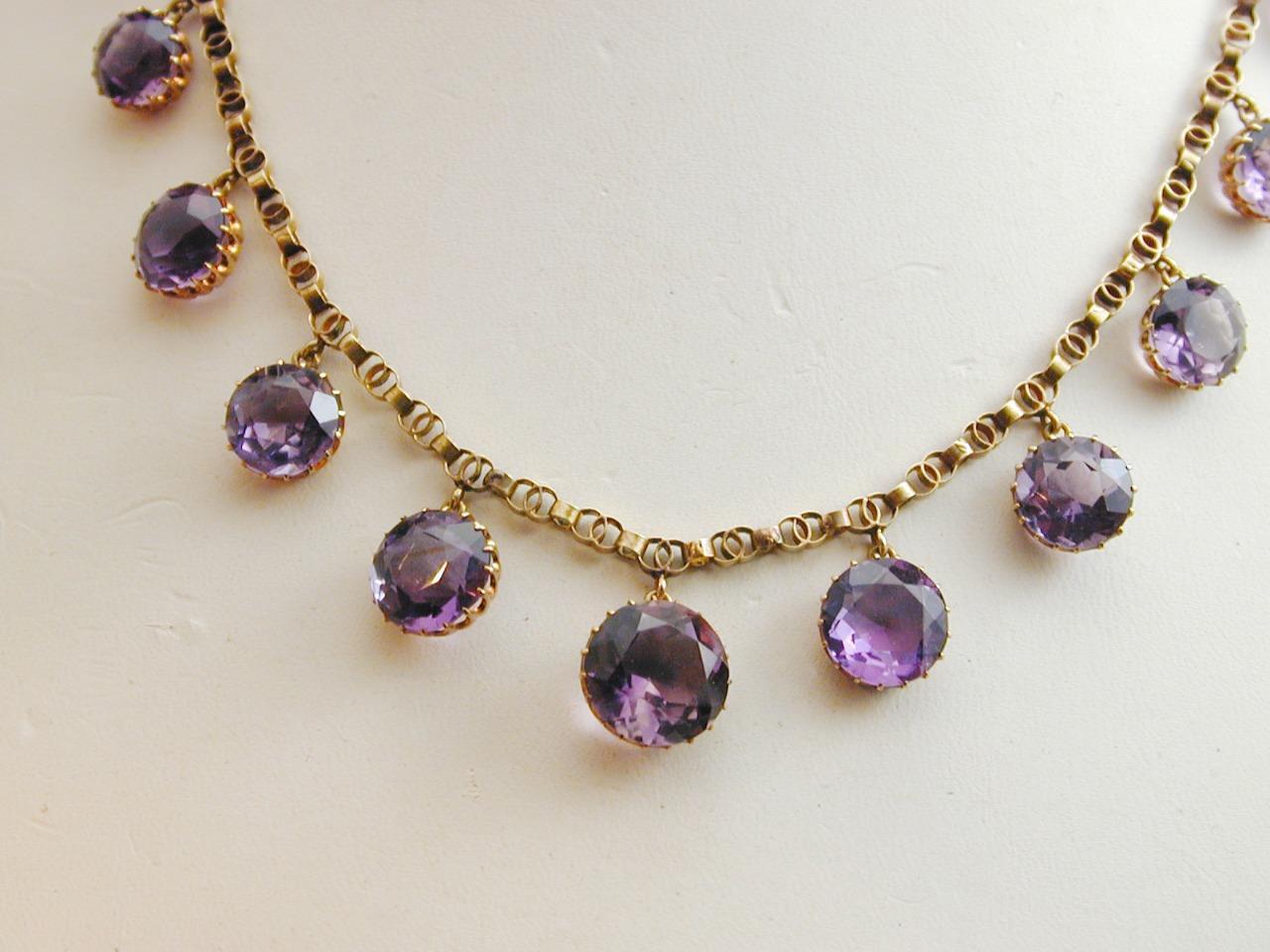 Antique 18k Gold 17 Round Graduated Amethyst Riviere Necklace STUNNING