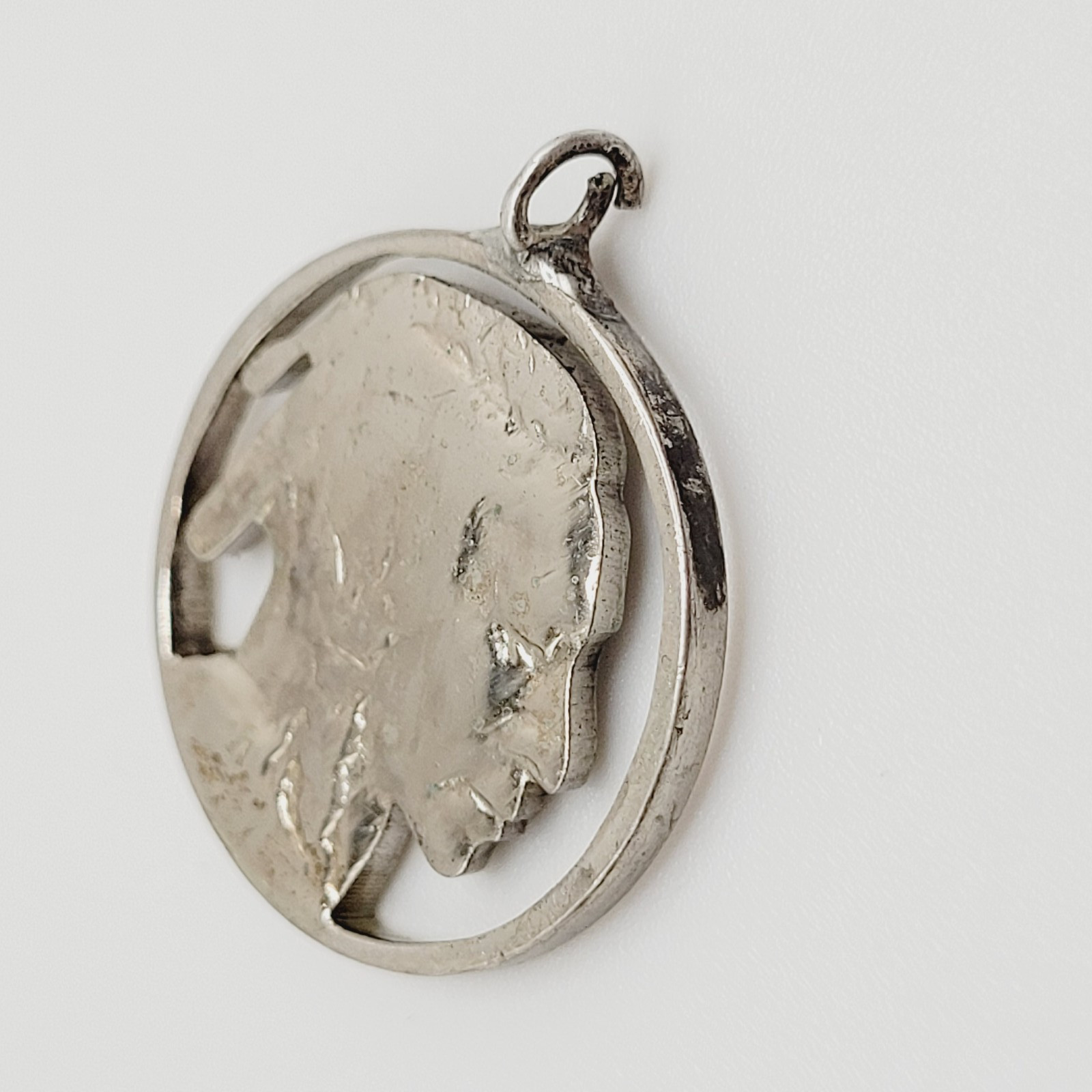 Shiny Buffalo Indian Nickel Silver Tone Cut Coin Pendant Cracked Bail For Repair