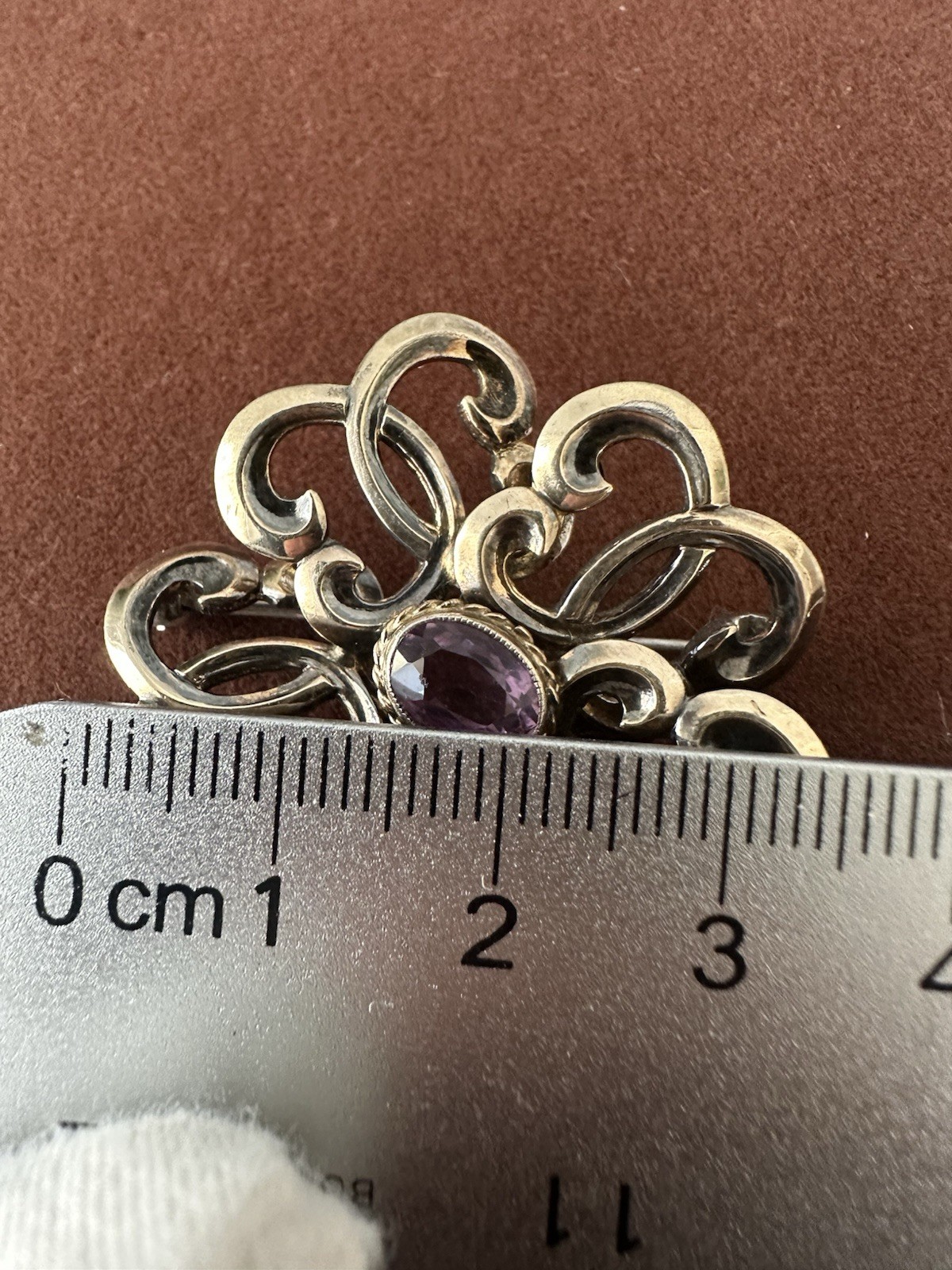 Vintage Victorian Sterling Silver Purple Amethyst Cabochon Gold Plate Brooch