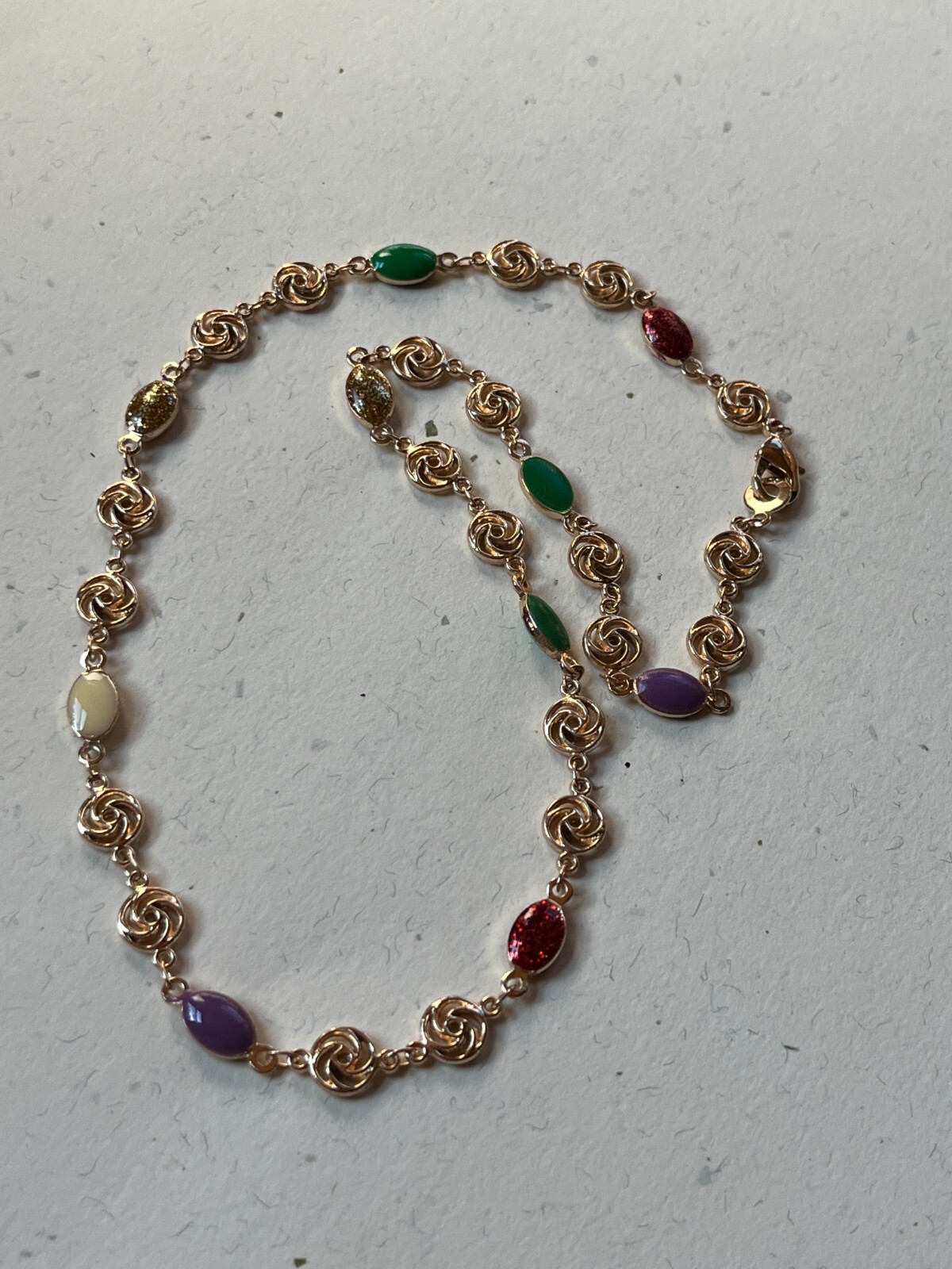Small Goldtone Rose Flower w Red Green Cream Purple Enamel Oval Link Necklace –