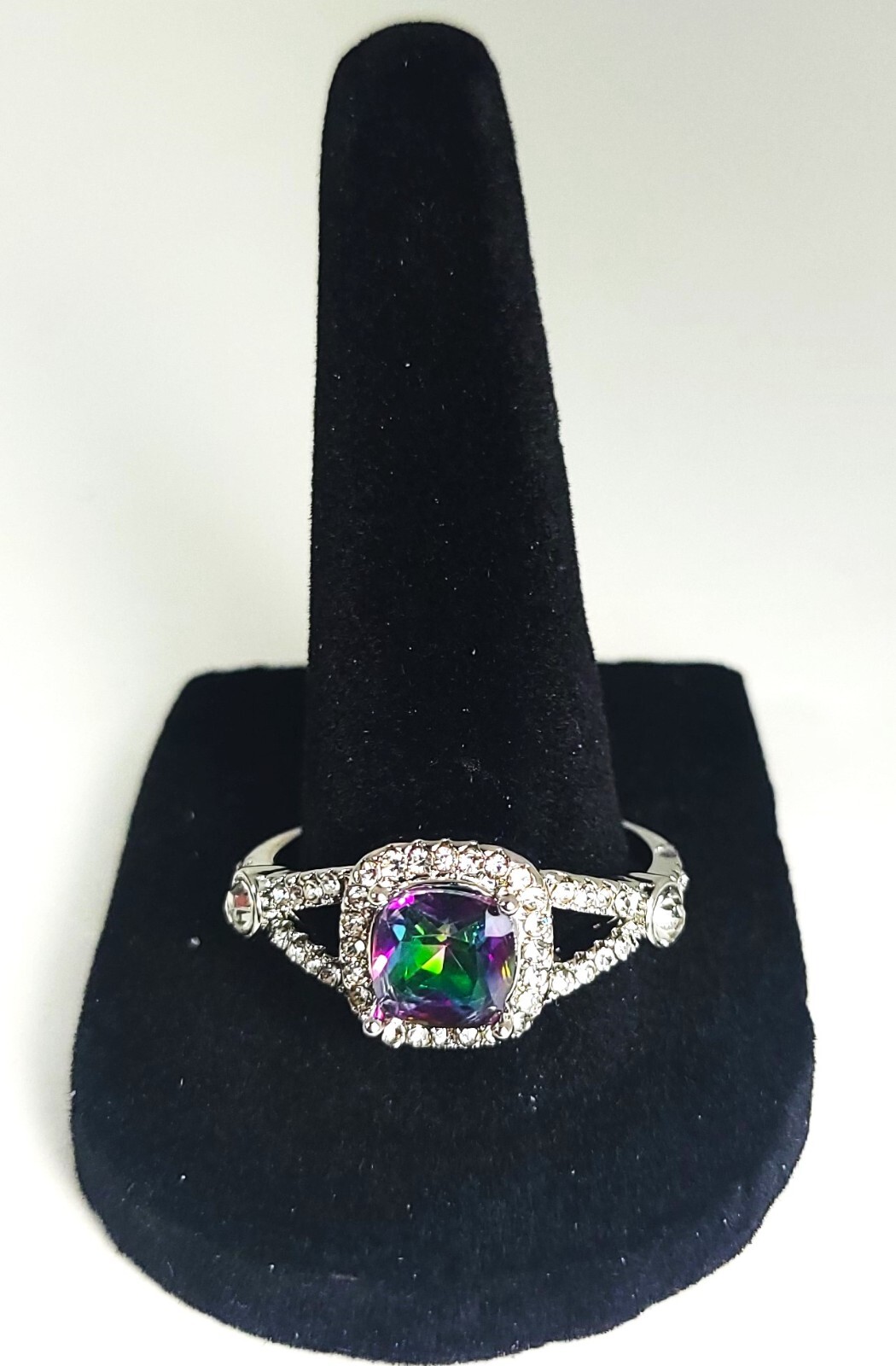 Square Cushion Cut Mystic Topaz Lab Created Diamonds Surrounding Ctr Eng Ring