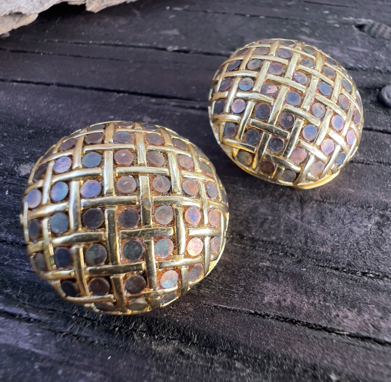 Vintage Orena Paris Woven Iridescent Gold Tone Button Clip Earrings Signed