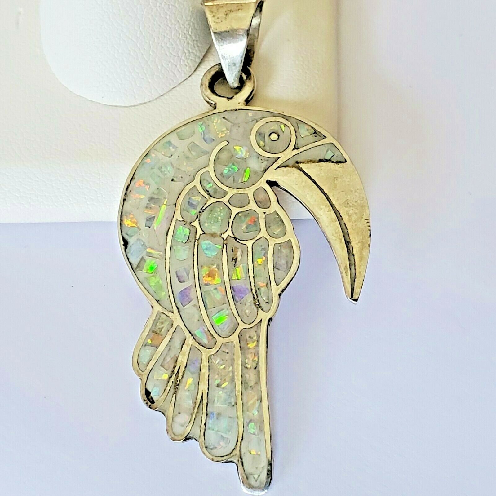 Vintage 925 Sterling Silver Iridescent Faux Opal Chip Inlay Toucan Large Pendant
