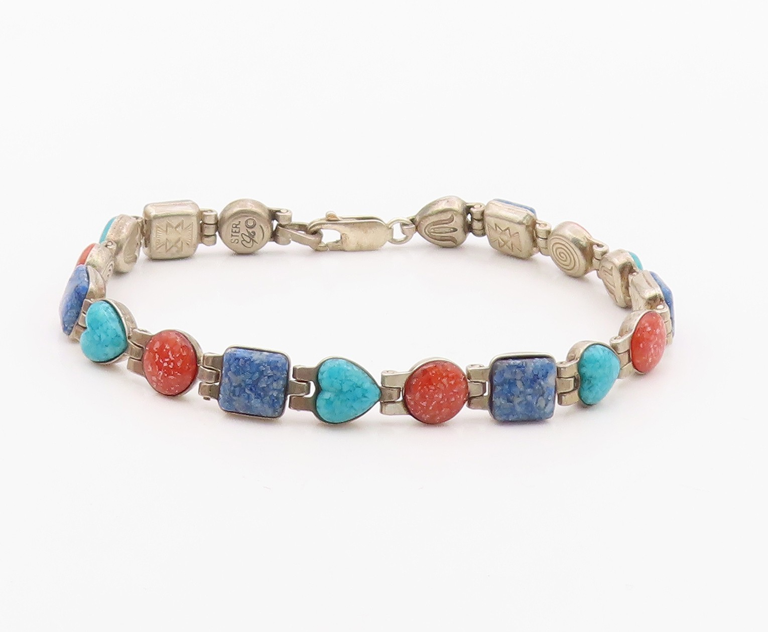 925 Sterling Silver Vintage Bracelet CAROLYN POLLACK Multi Gemstone Link BT12119