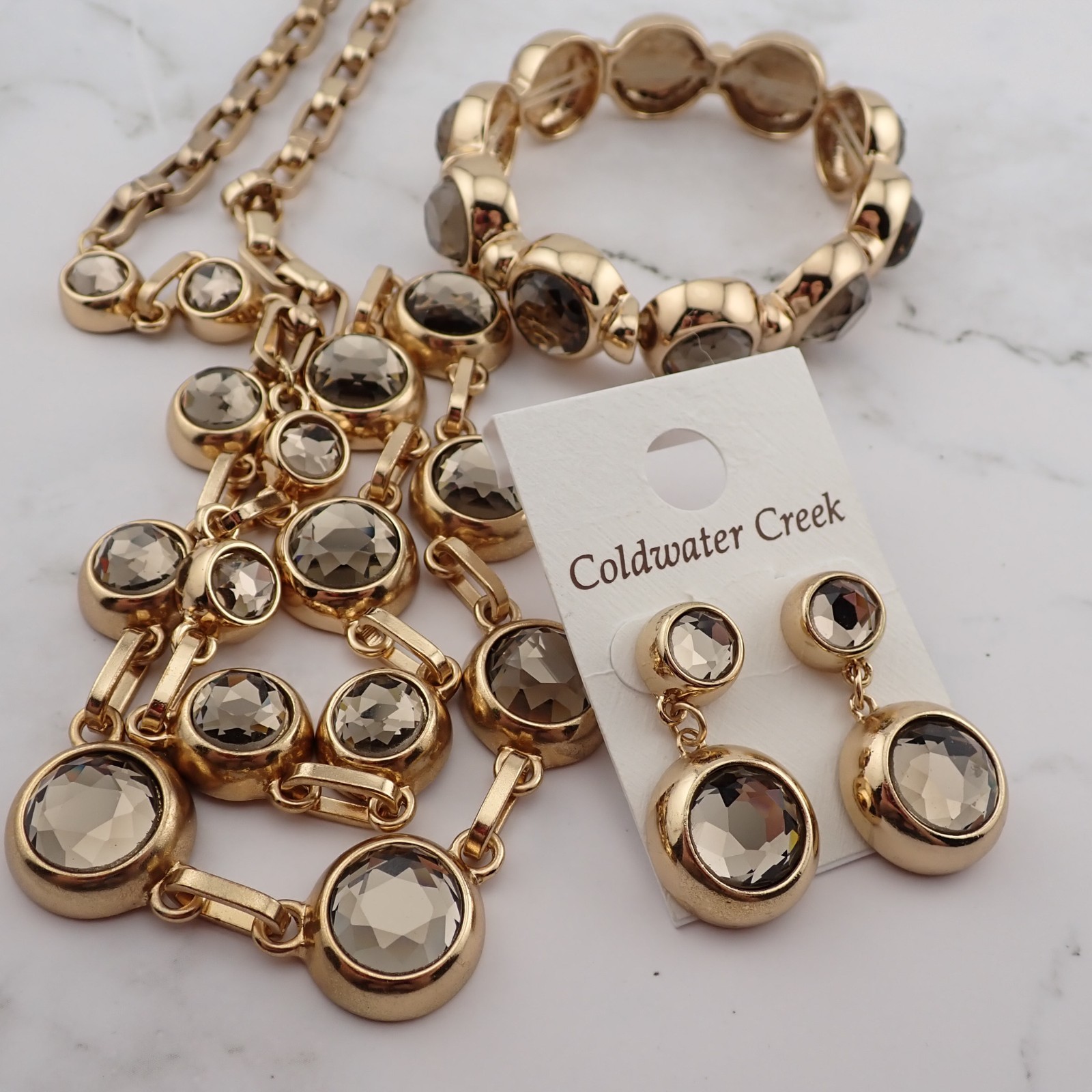Vintage Coldwater Creek Brulee Smoky Gray Necklace Bracelet Pierced Earring Set