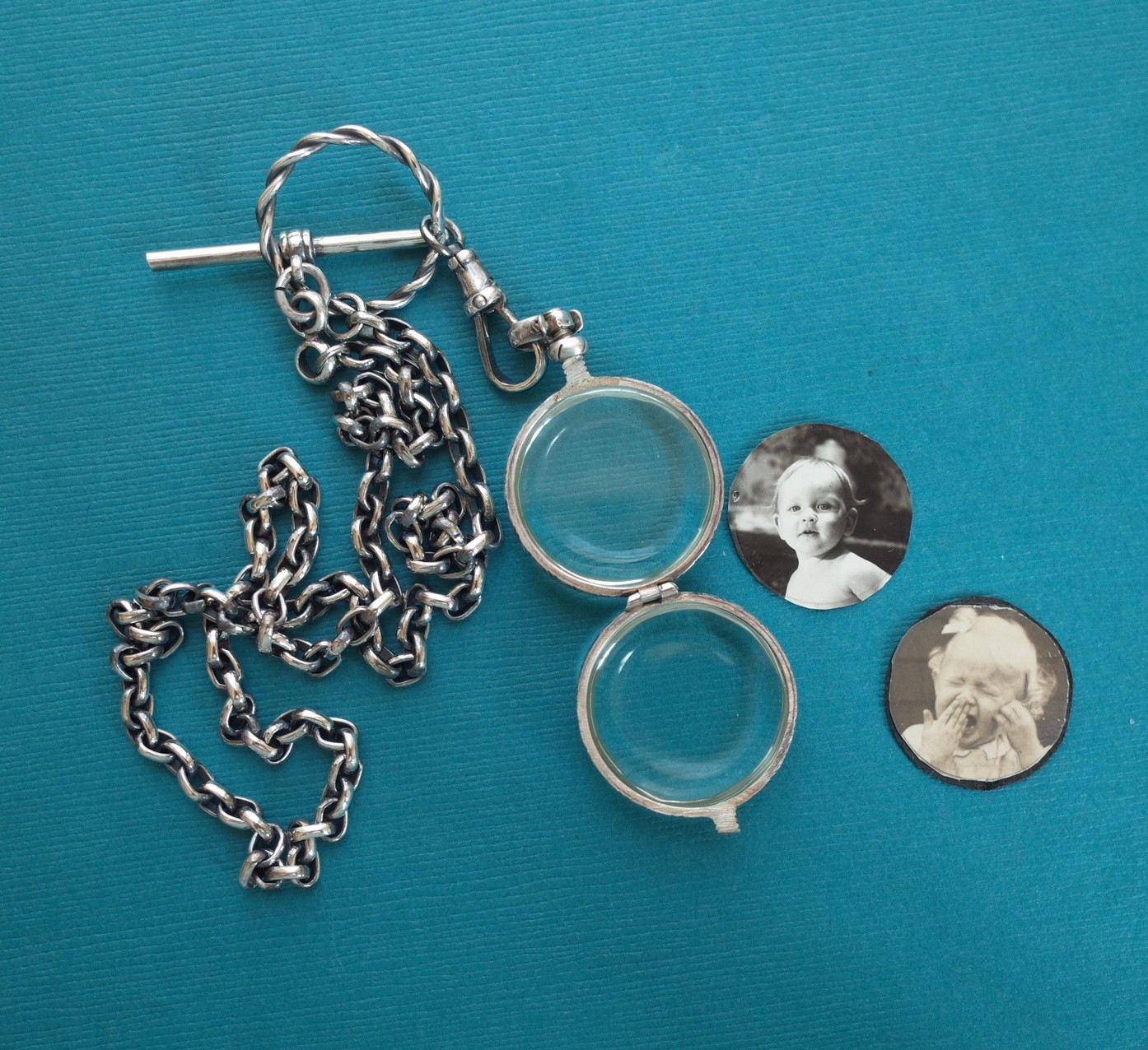 Sterling Silver Heavy Rolo Chain Glass Locket Watch Swivel T Bar Toggle Closure