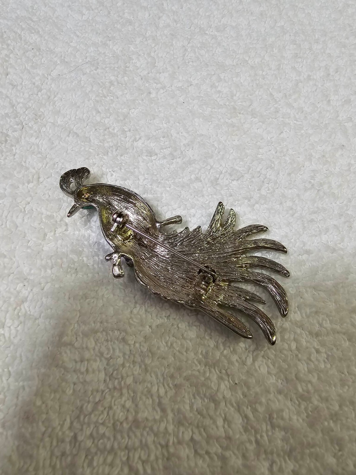 Silvertone Brooch Pin Peacock Bird of paradise Clear Stone & Purple Yellow Green