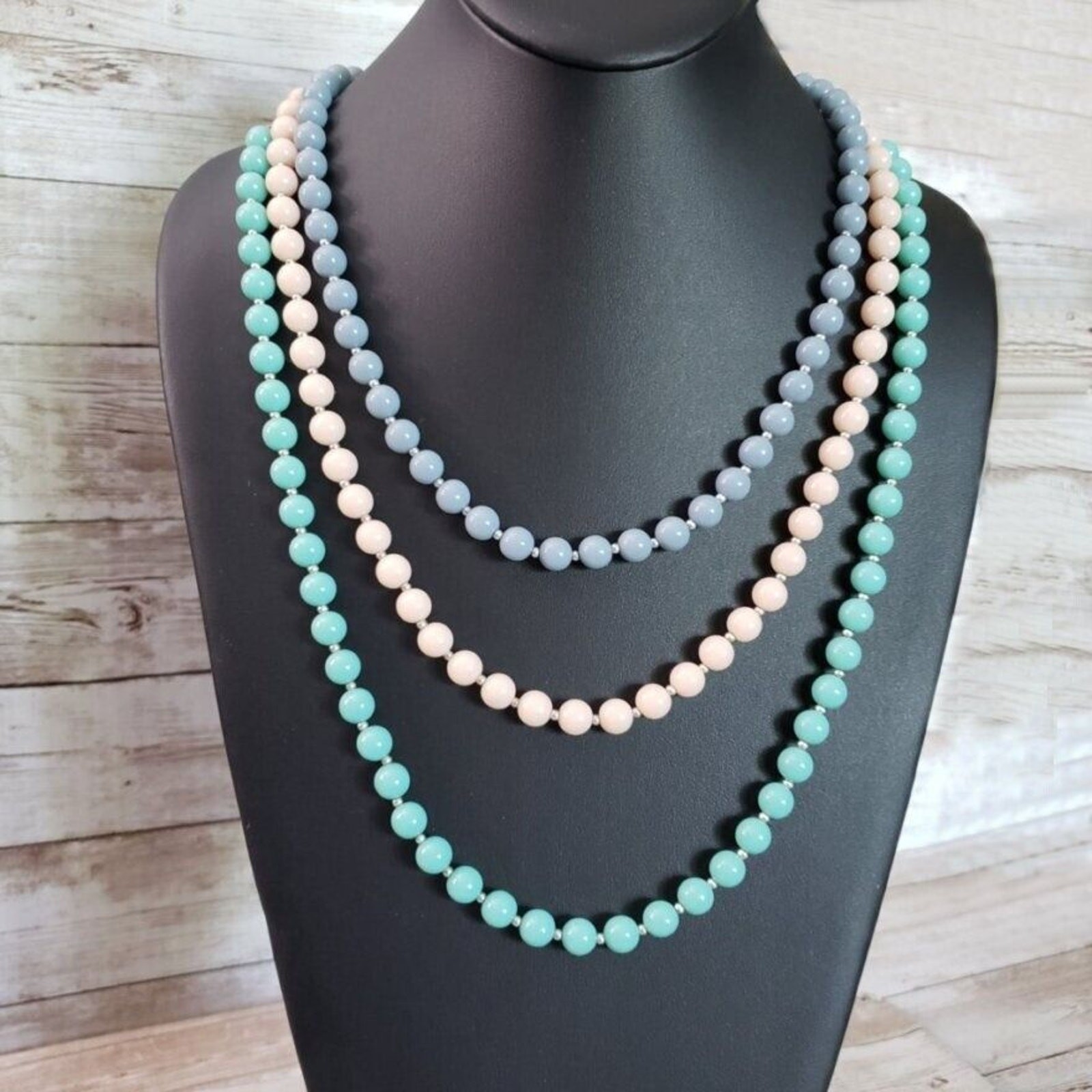 Vintage Necklace – Three Strand Layered Light Pink, Blue and Turquoise Tones