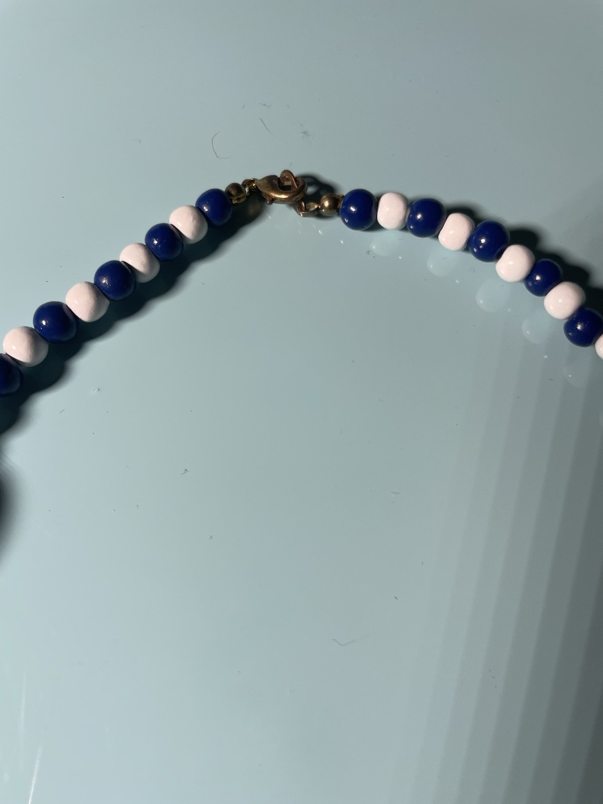 Vintage Blue White Lucite Bead Necklace Zebra Stripe Mod Statement Retro