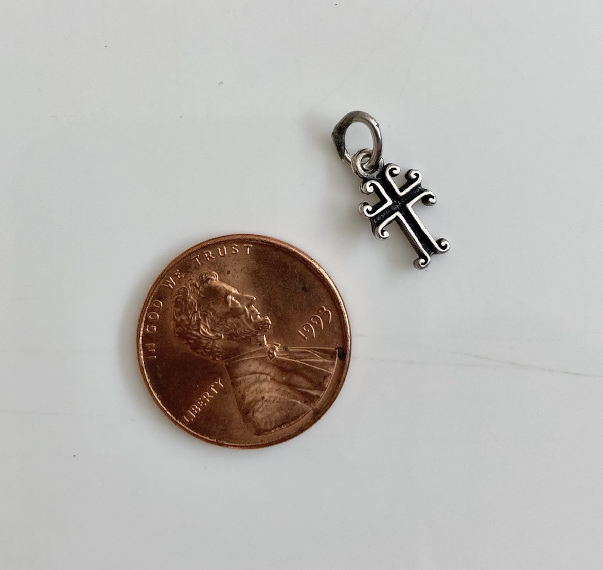 Vintage 14k and sterling silver miniature scrolled cross charm pendant