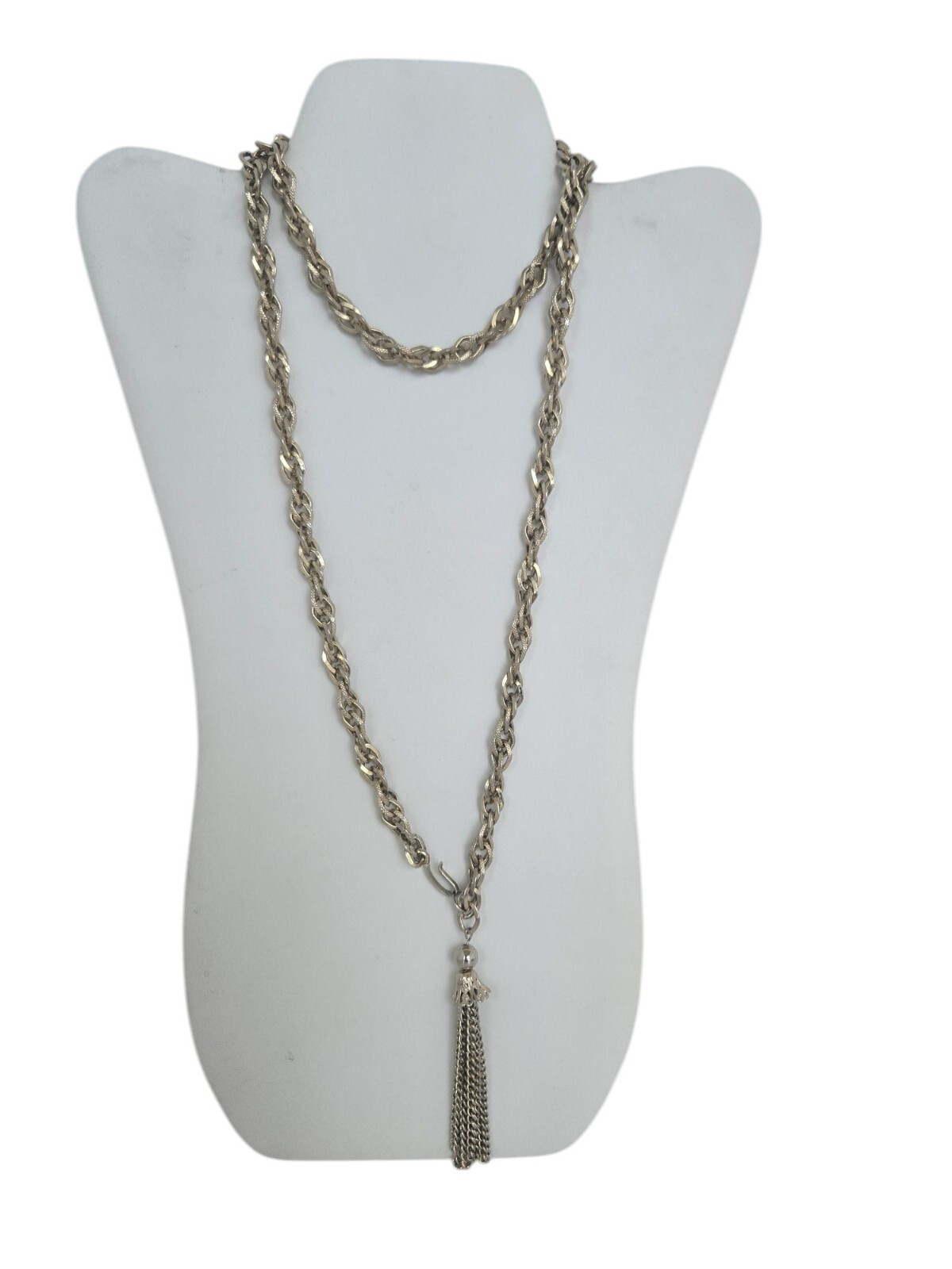 Vintage Gold Tone Textured Link 40″ Necklace w/ J Hook and Tassel