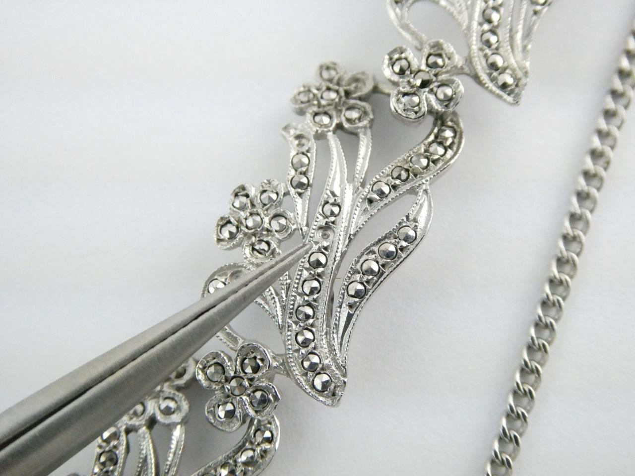 Vintage Deco Style Sterling Silver Marcasite Studded Bracelet 7.25 In GEMS MISS