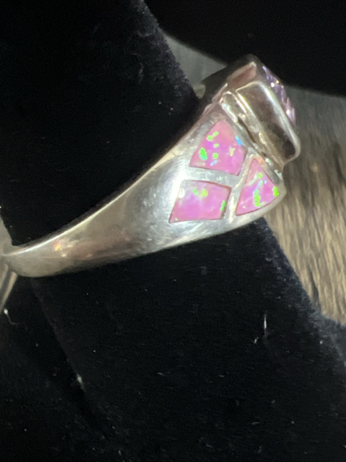 Stunning 925 Sterling Silver Pink Trillion Cut Ring with Inlay & Accents
