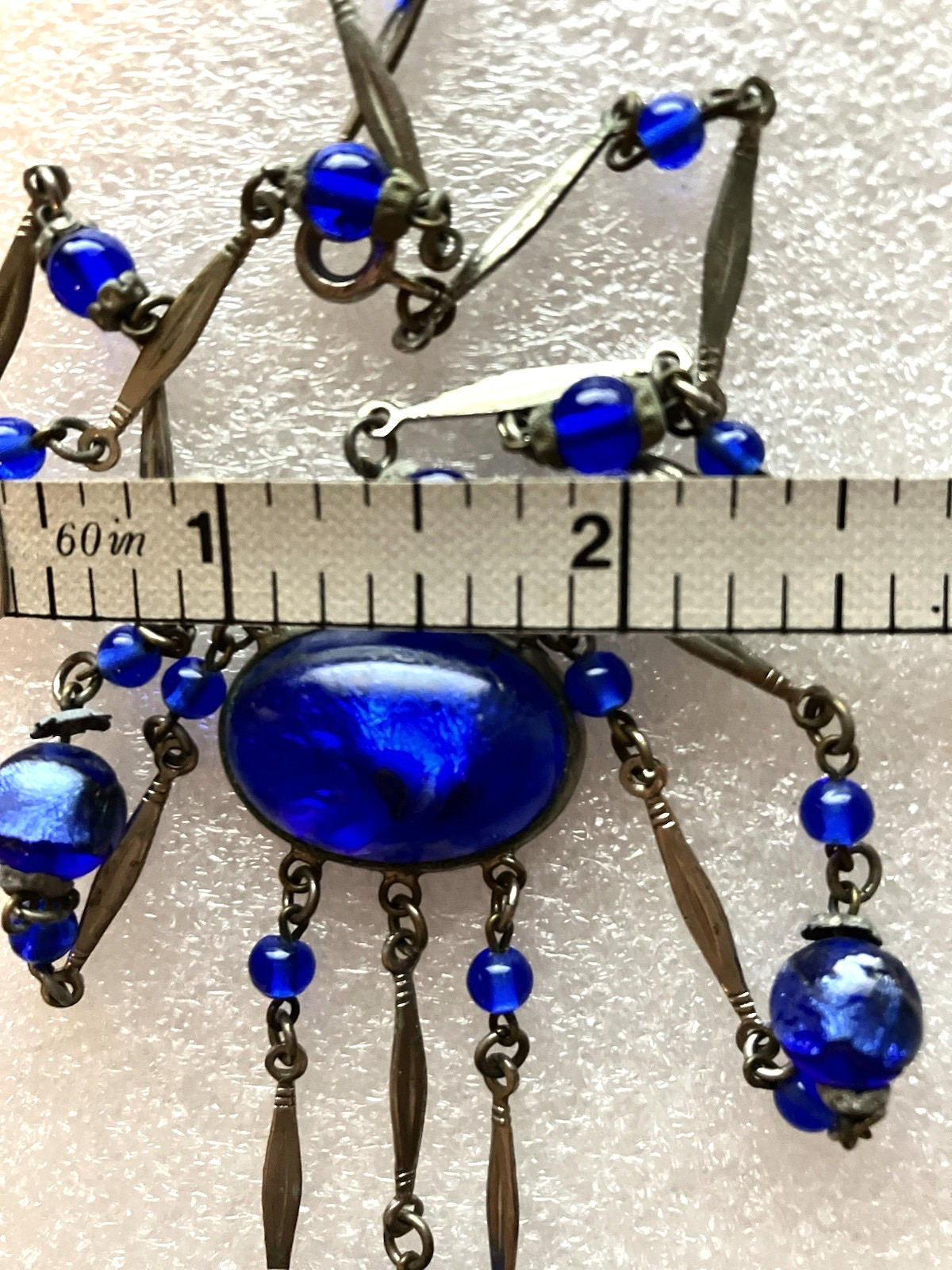 Vtg ART DECO CZECH blue foil GLASS drop pendant NECKLACE 3 “torpedo beads”