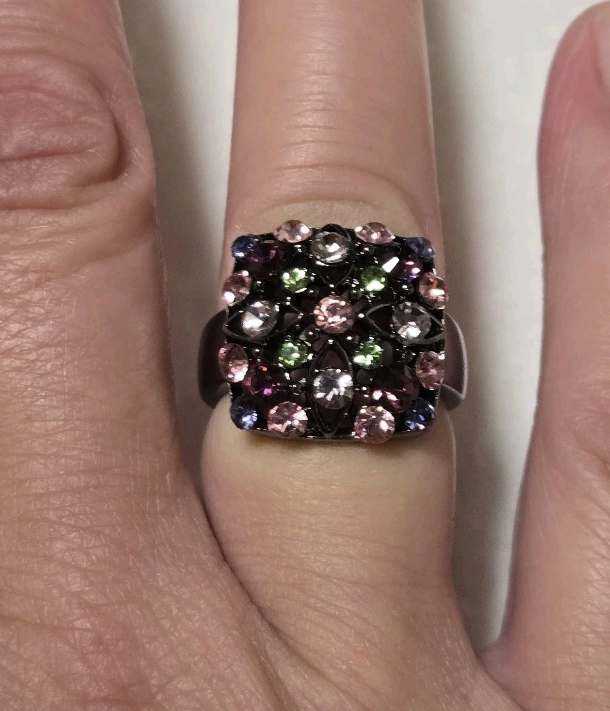 Gunmetal Pink Purple Colorful Rhinestones Ring Size 6.75″