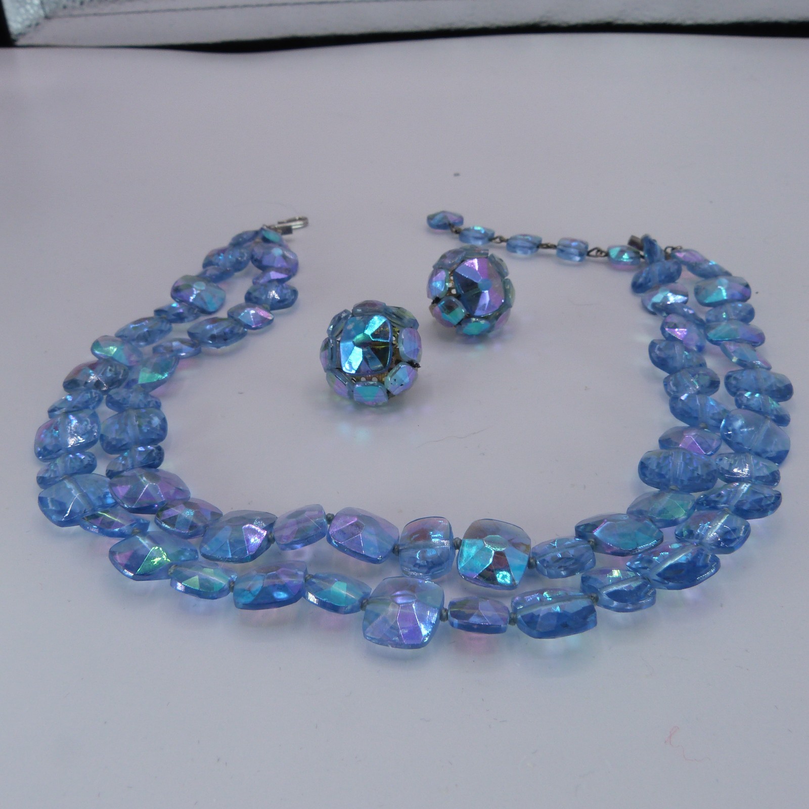 Vintage Signed Vogue Double Strand Blue AB Crystal Necklace And Clip Earrings
