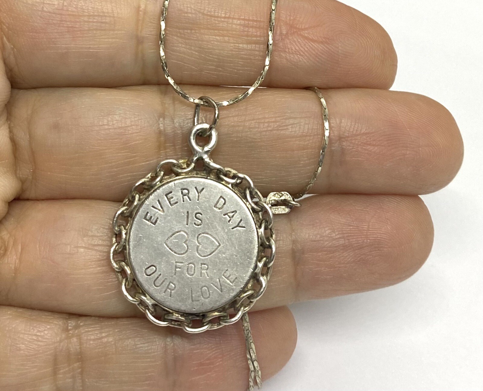 VTG Sterling Silver Every Day Is For Our Love Medallion Pendant Necklace16”7.30g
