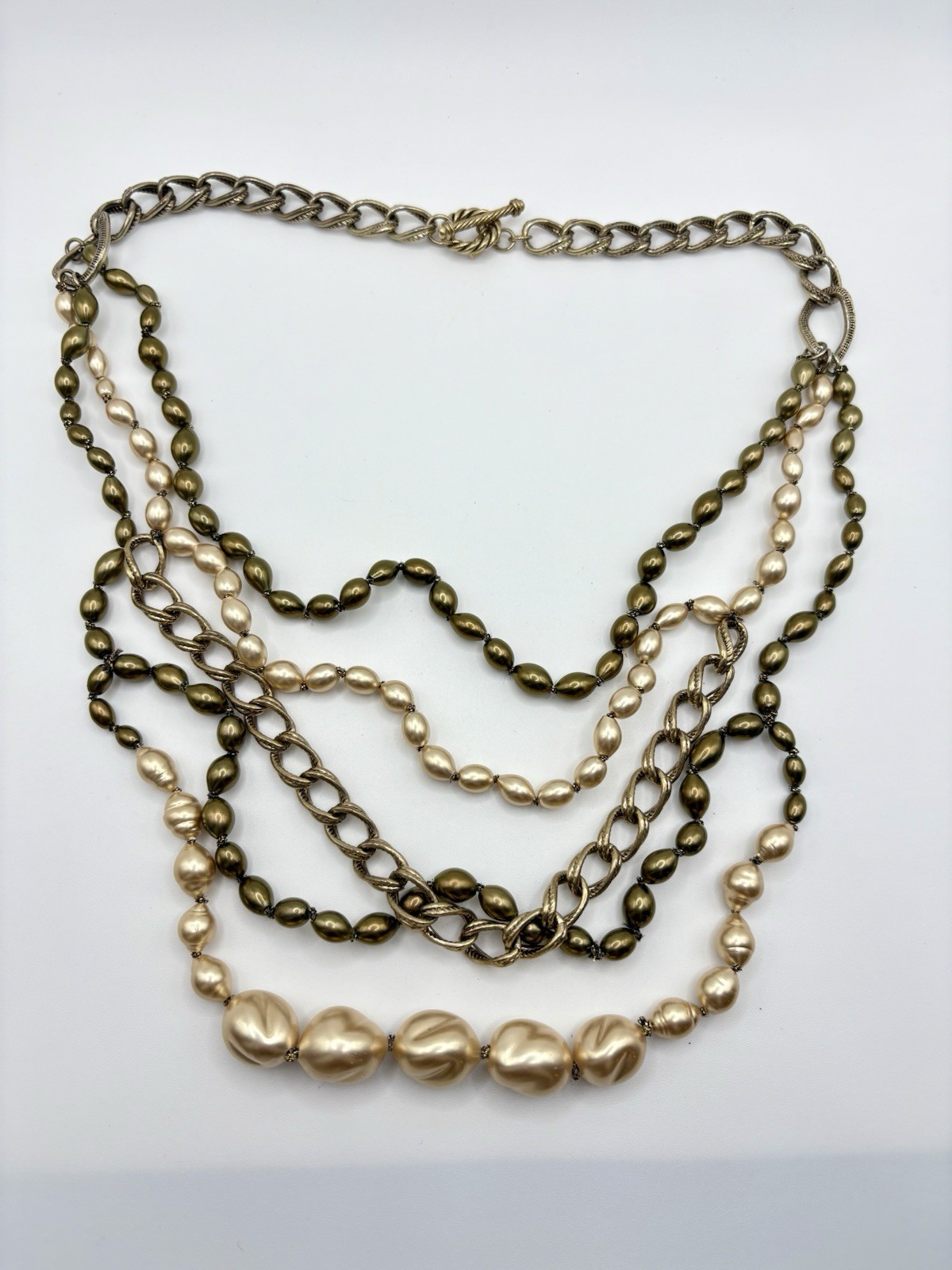 Monet Gunmetal Layered Green Pink Faux Pearl Chain Necklace Toggle Clasp