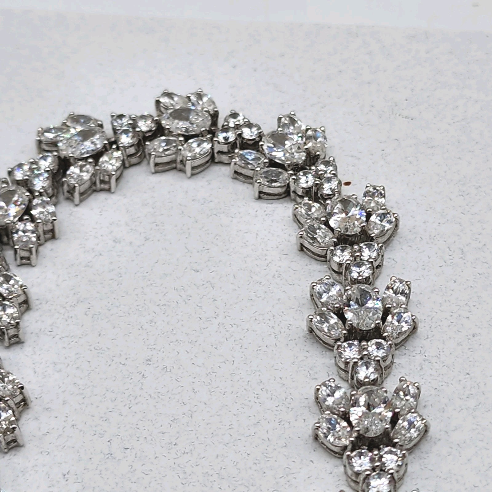 VTG Art Deco Silver prong Rhinestone Floral Cluster Collar Designer Necklace