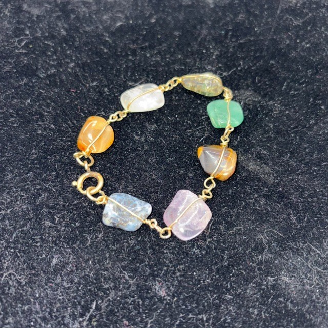 Wire Wrapped Gem Stone Bracelet 7 Stones Station Link Gold Tone Vintage 6″