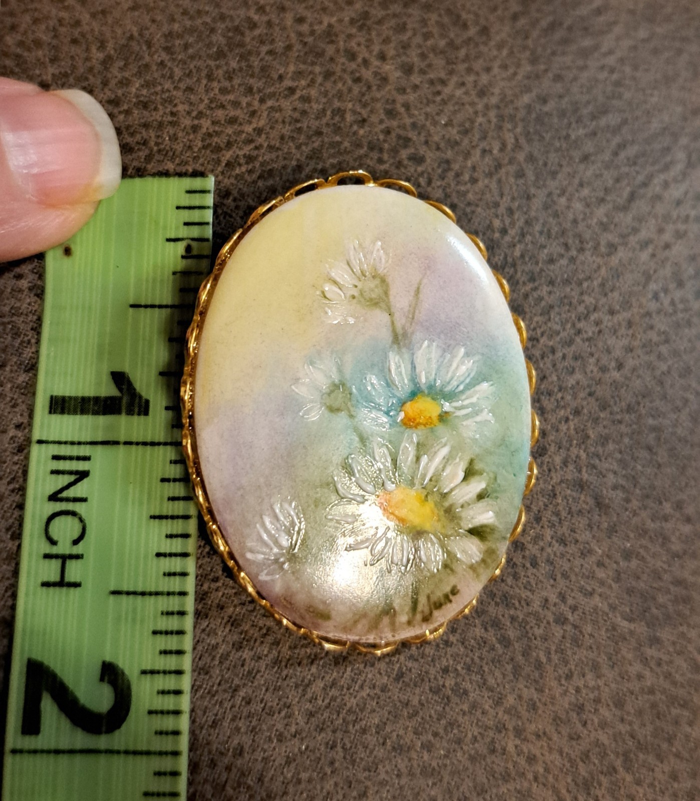 Vintage Gorgeous Porcelain Hand Painted Flower Oval Brooch Floral Pin 2” By 1.5”