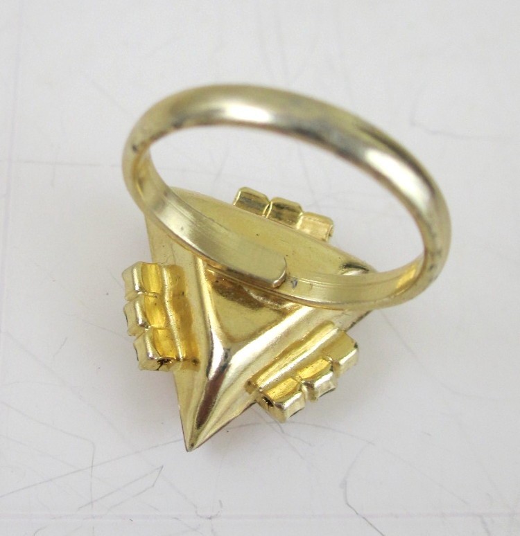 Vintage Mod Triangle Amber Orange glass rhinestone Statement Cocktail Ring Gold