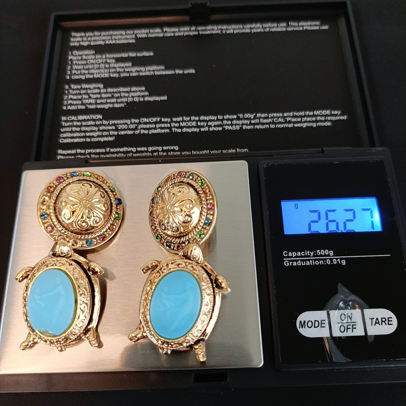 Vintage Zoe Coste Turtle Earrings France Blue Glass Rhinestone Gold Tone