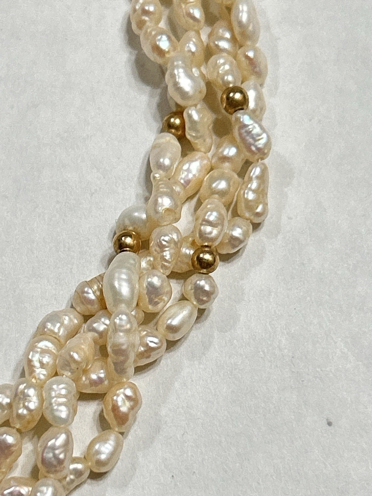Long 56” Opera Length Necklace Rice Pearls & Gold Plated Beads, 2 Strand Twisted