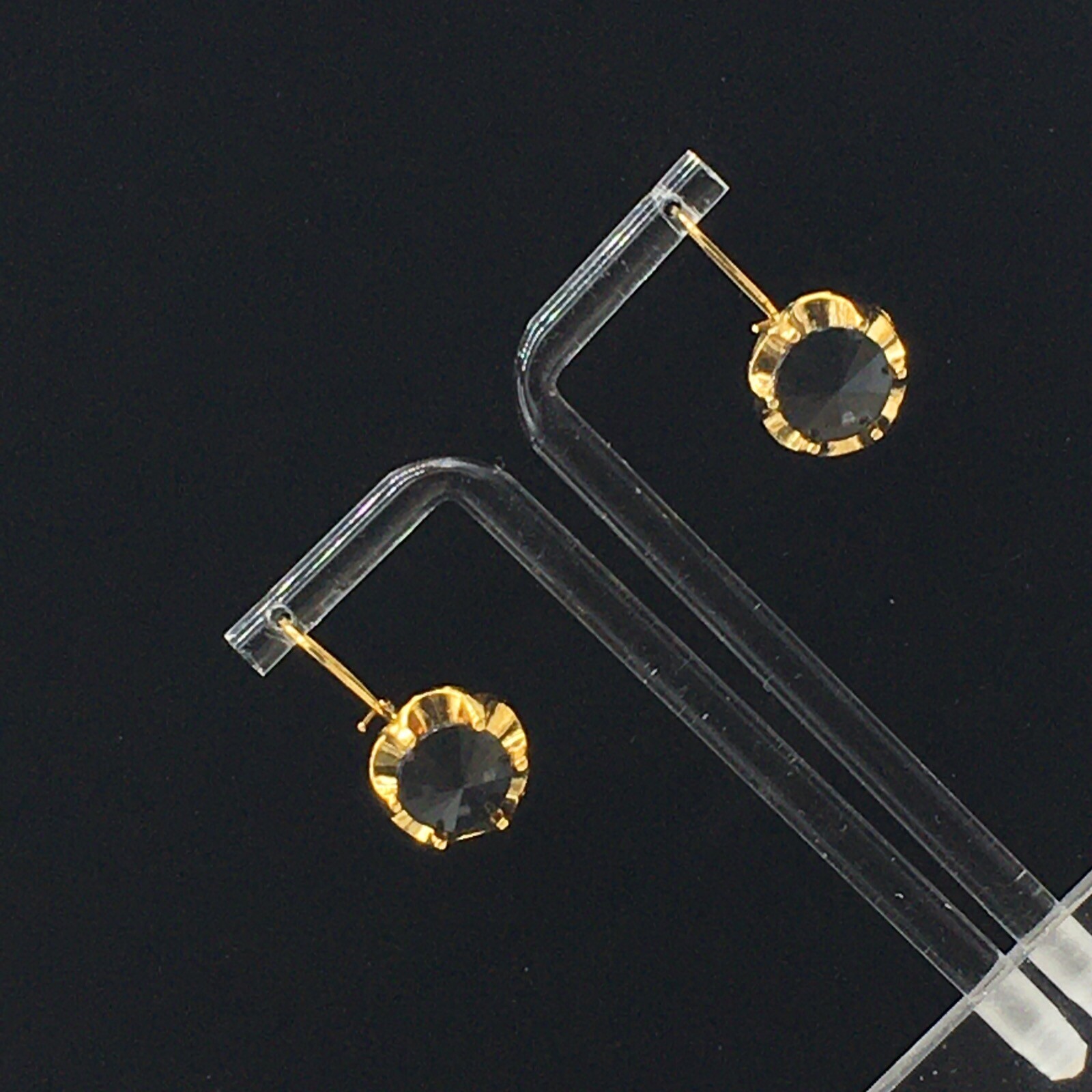 Black Leverback Earrings Gold Tone Cupcake Like Faux Tension Setting Pierced 1″