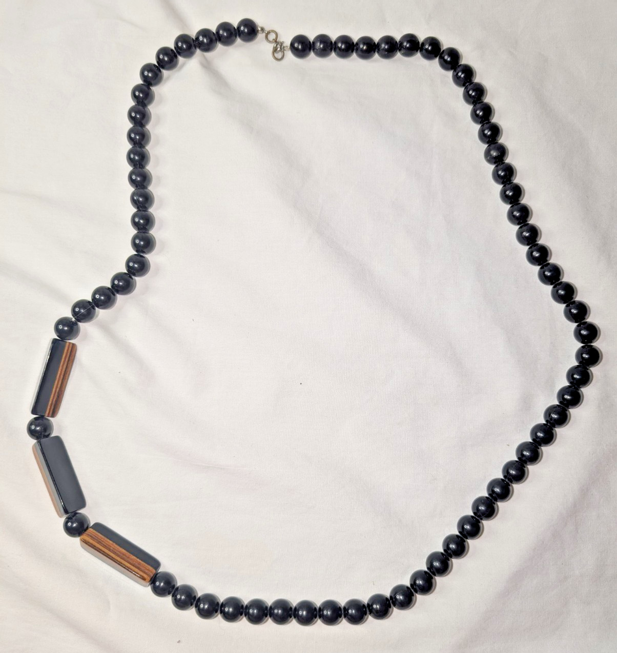 Vintage Lucite and Wood Statement Beaded Necklace Black Brown Laminated Triangle