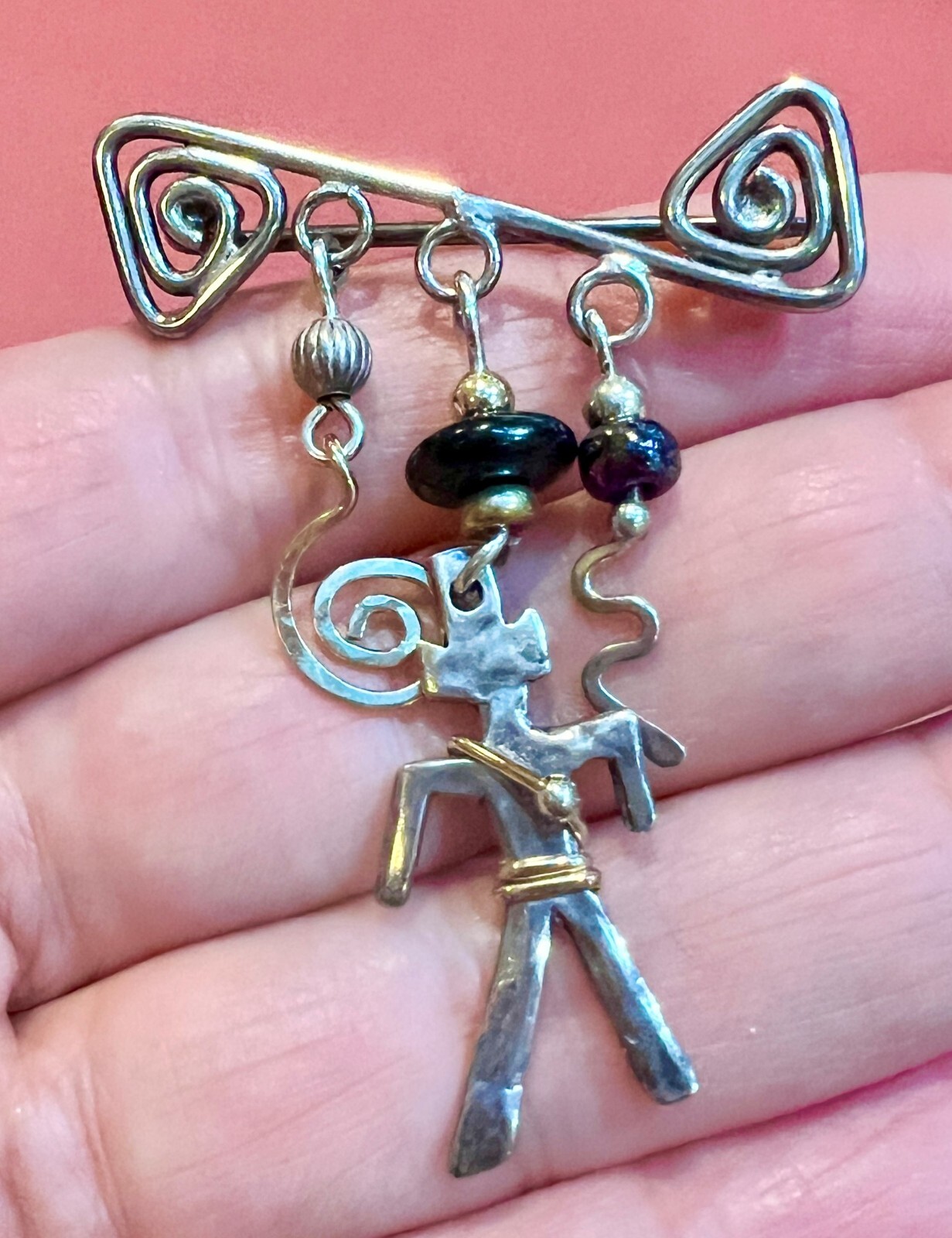 Artisan Handcrafted Sterling Silver Person Figural Brooch and Earrings Dangling