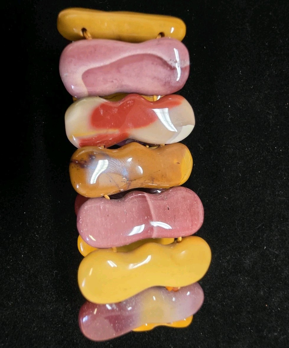 Mookaite Jasper Stretch Bracelet Peanut Shaped Polished Stones Brown Pink Red