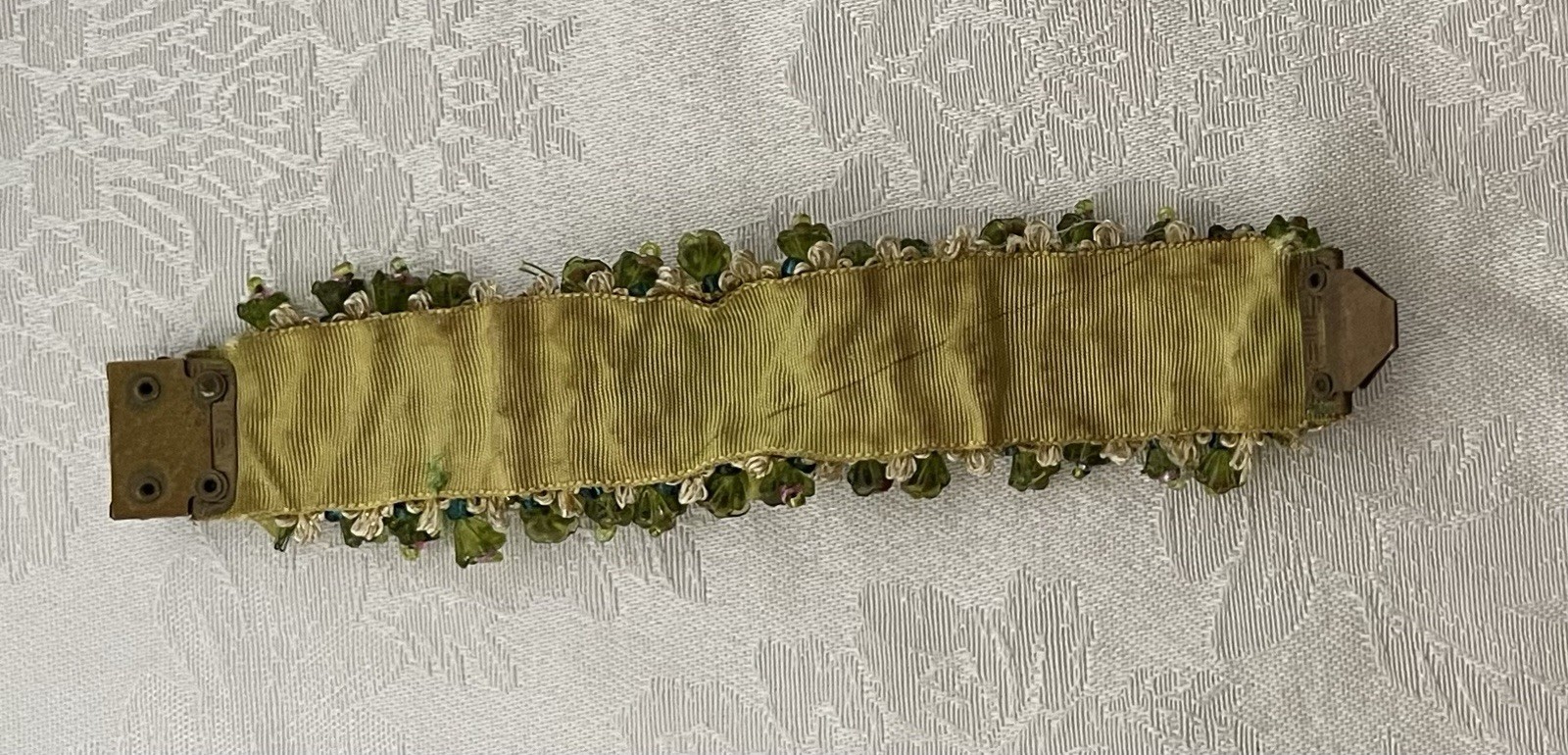 Vintage 1990s Victorian-style Beaded Ribbon Bracelet • Green & Pink Floral Motif
