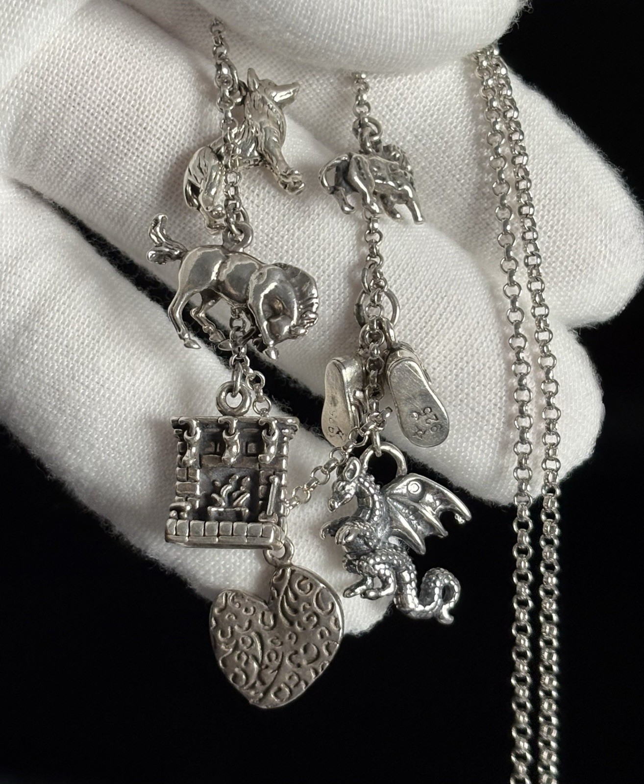 VTG Charm Necklace Sterling Silver 20” Rolo Chain 3D Assorted 7 Wolf Horse Lion