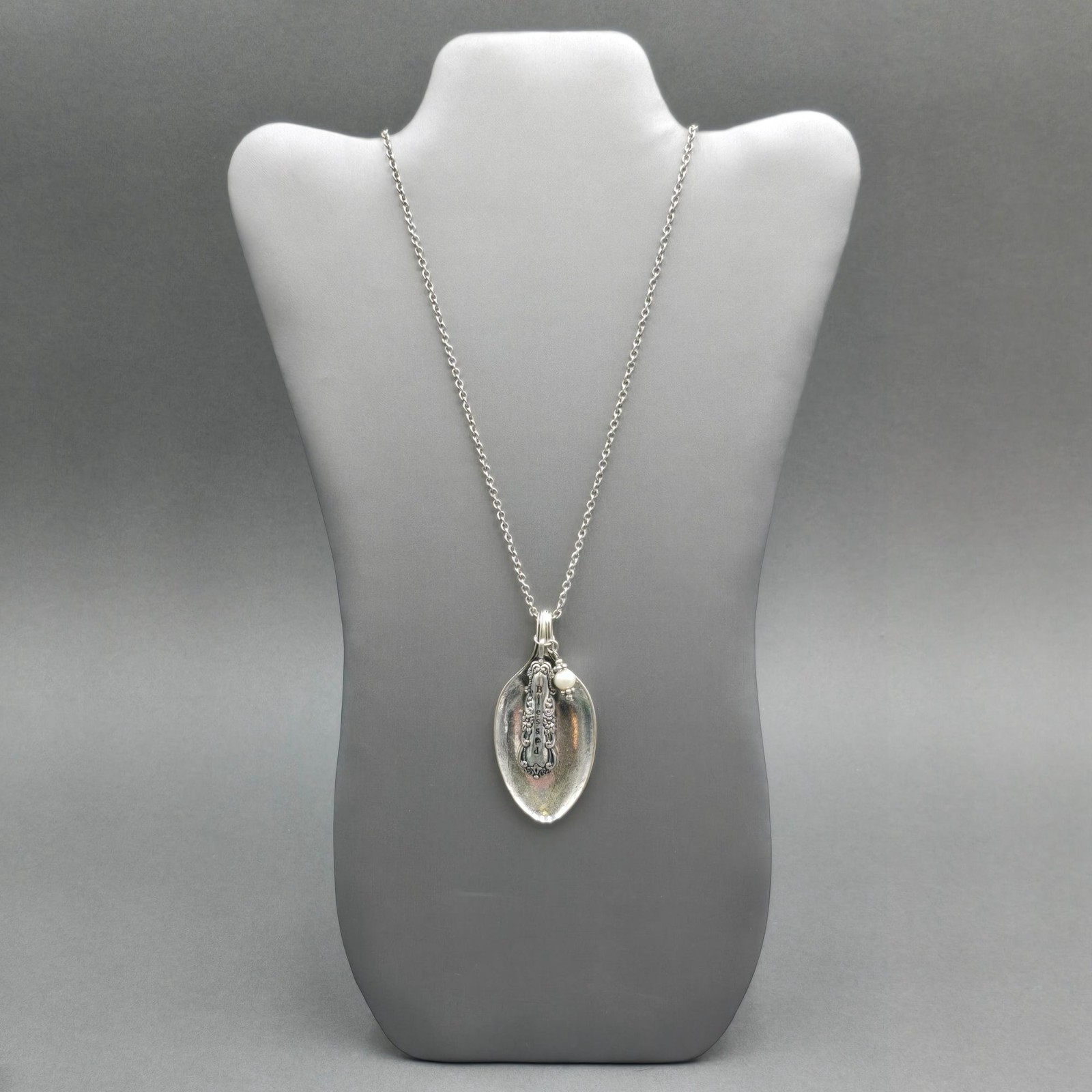 Vintage Blessed Spoon Pendant Necklace Silver Pearl Long Boho Statement Piece