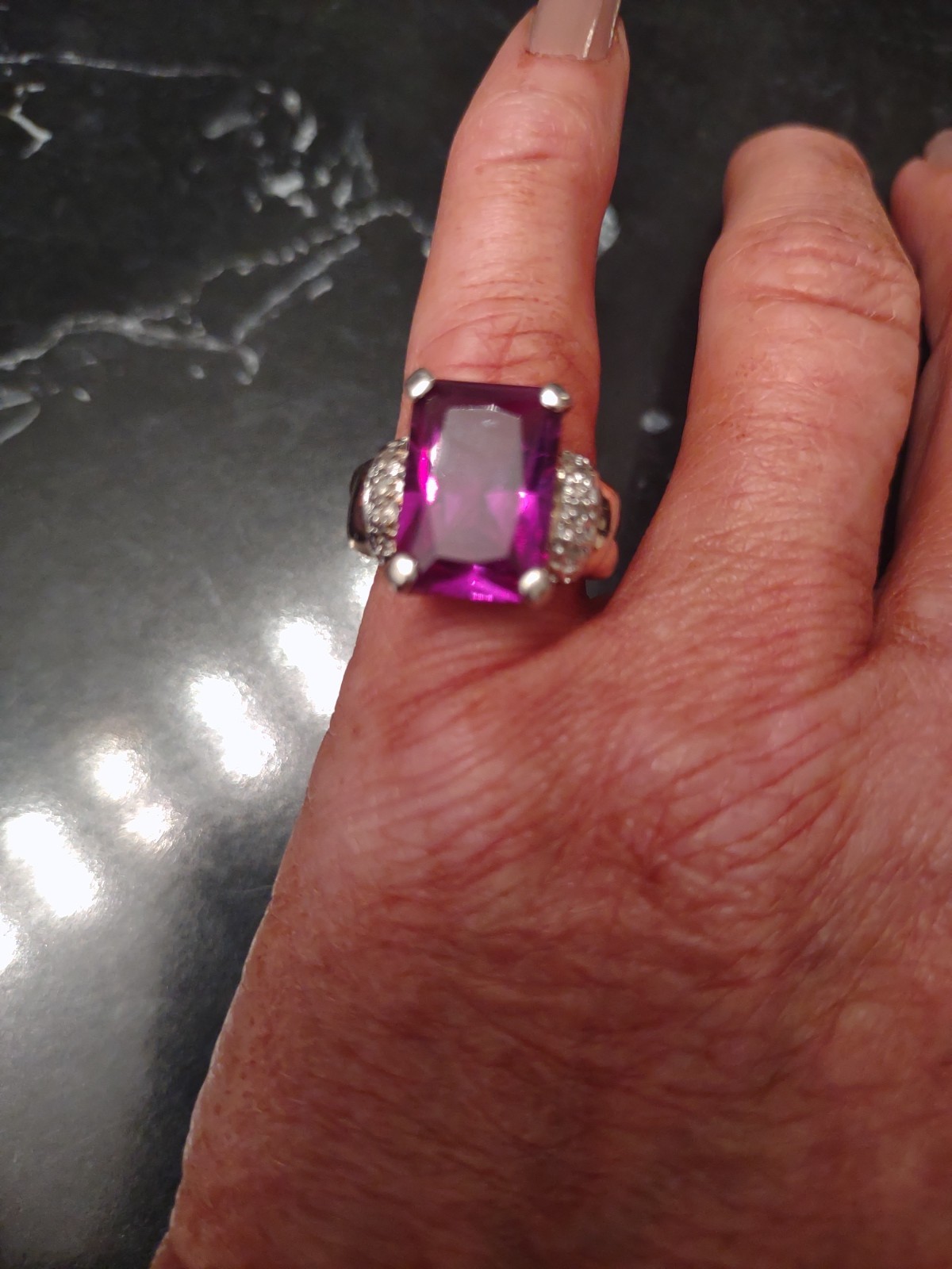 Vintage Lab Created Amethyst Ring Gold-Plated .925 Sterling Silver Size 5 1/2