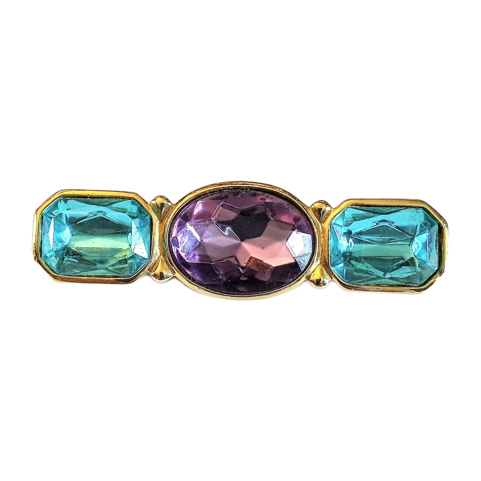 Trifari Gold Tone Blue And Purple Bar Brooch Vintage