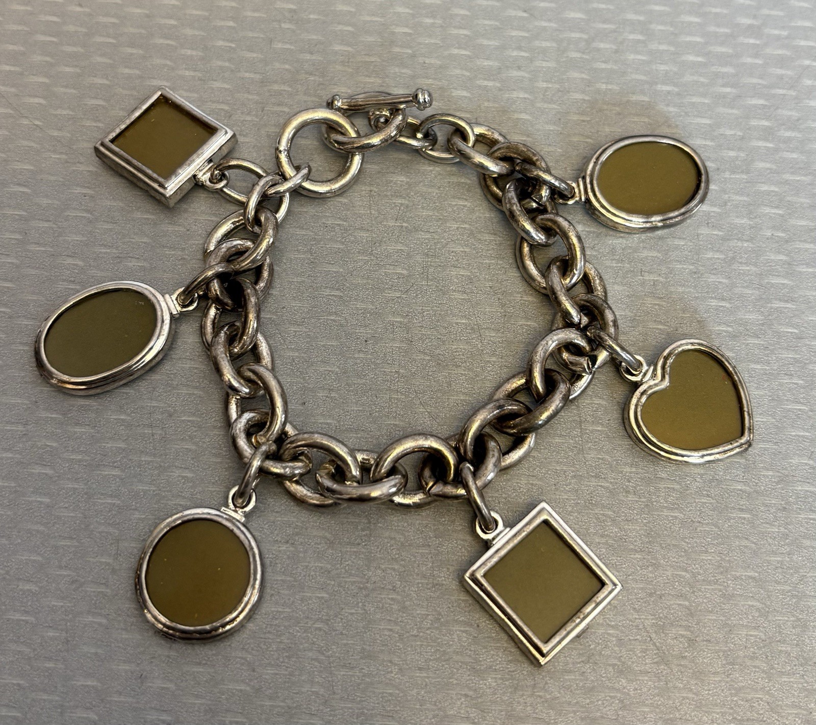 Vintage Photo Locket Charm Bracelet Silverplated Toggle 8” Heart Oval Square 6P