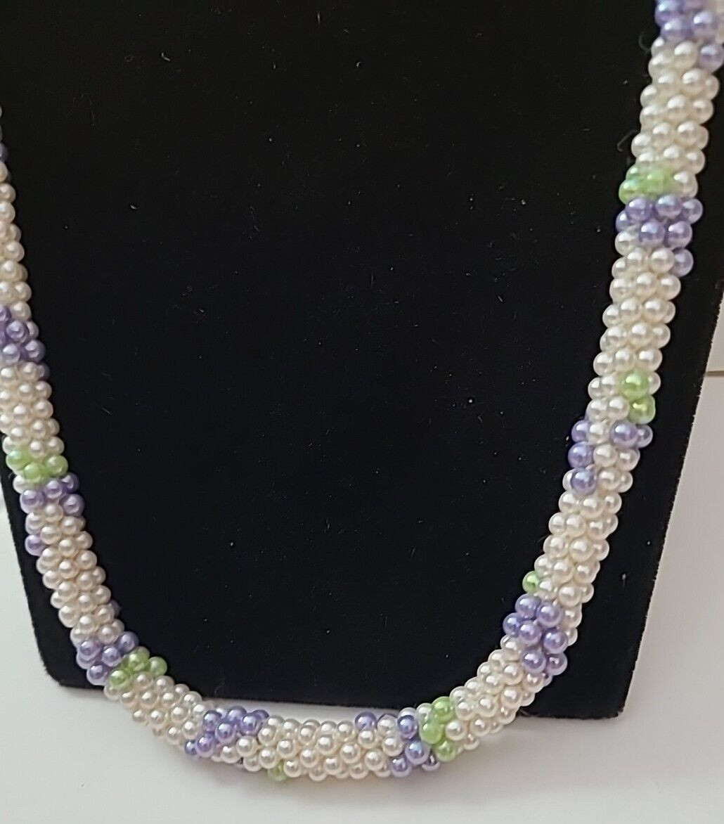 VTG Long White Purple Green Seed Beaded Rope Necklace Unsigned 1960’s 1970’s
