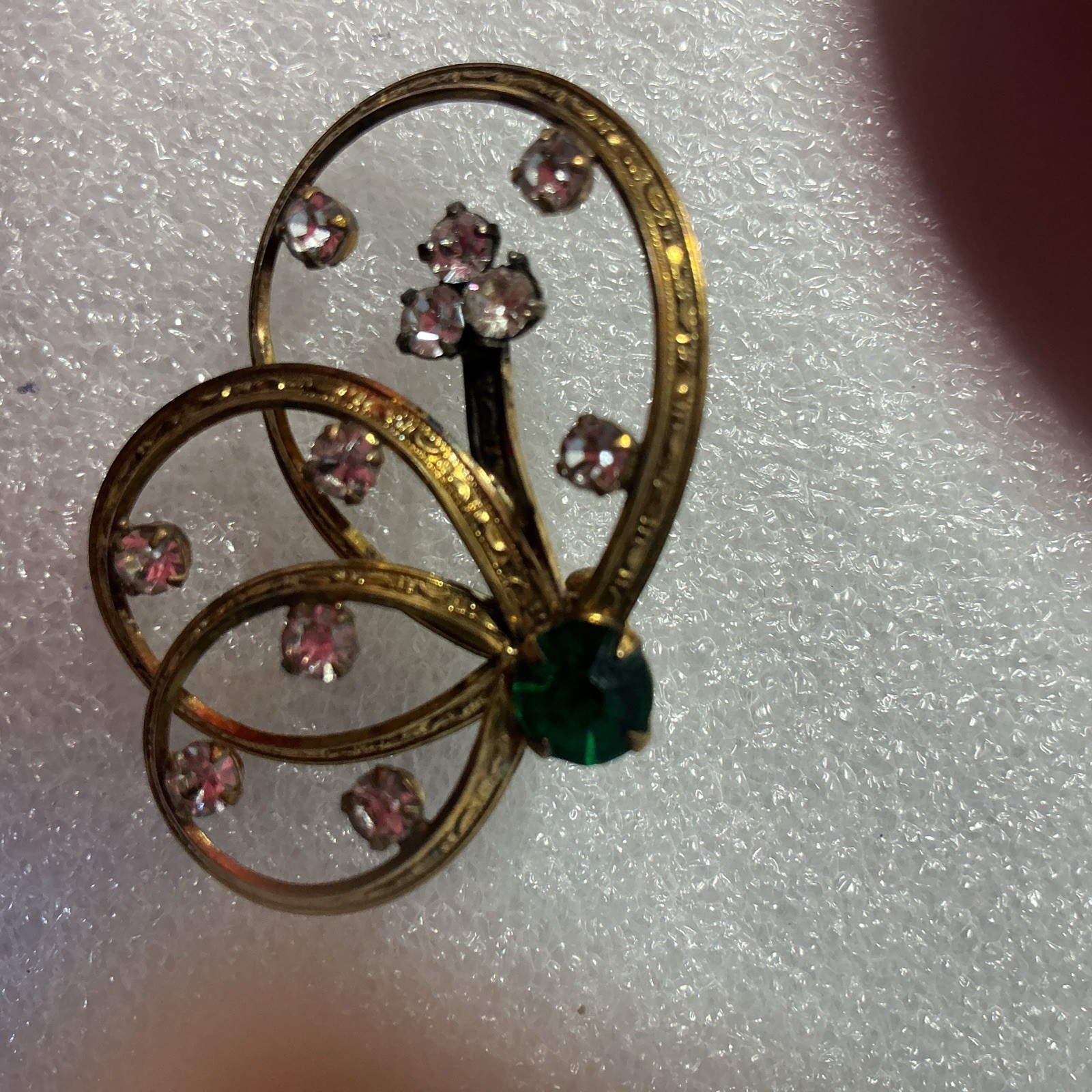 Vintage Estate Pendant Ribbon Style Open Work Green Stone Clear Rhinestones