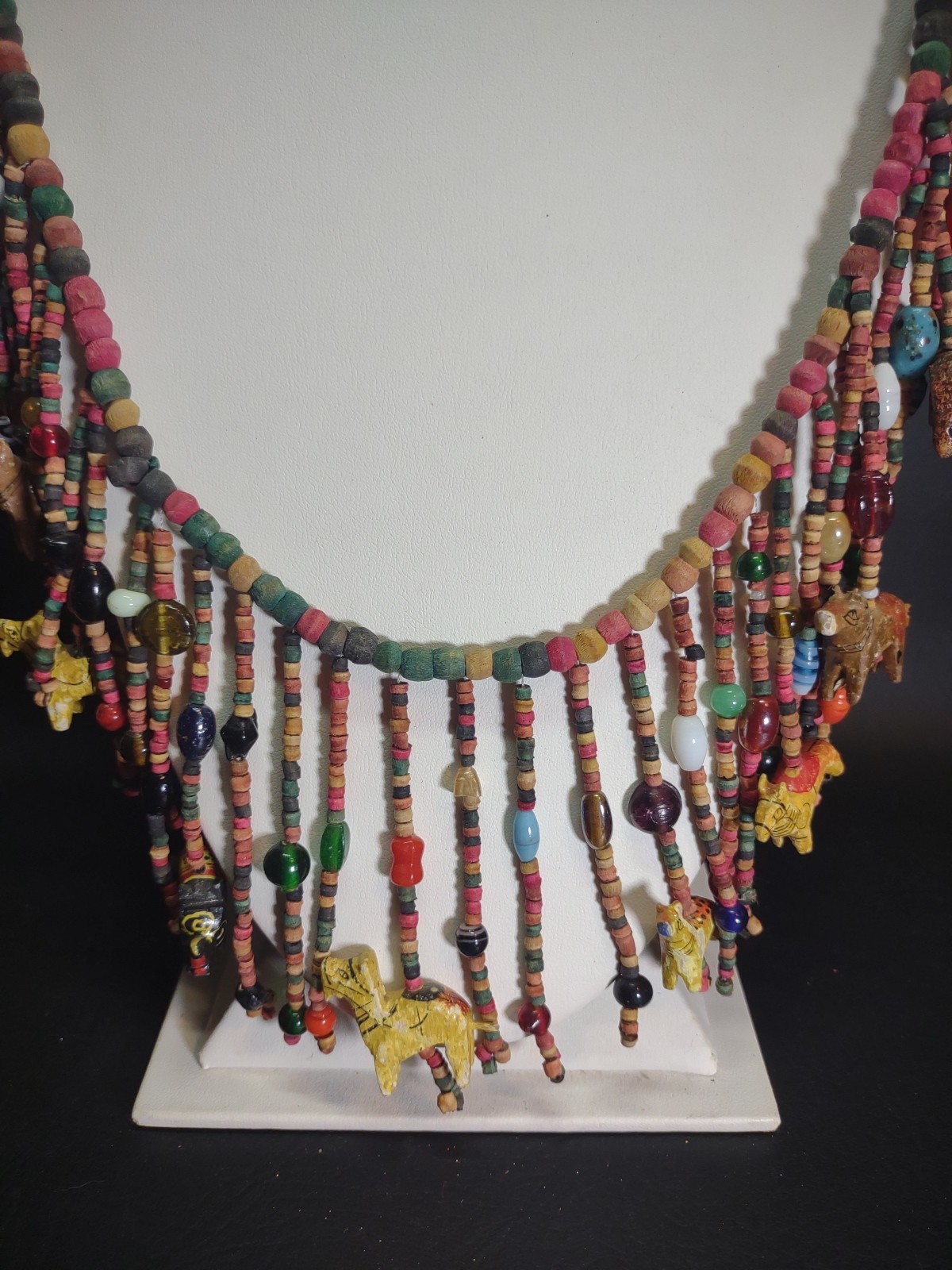 Vgt Africa Multi-Strand Drops Hand Carved Wood Animal Glass Beads Necklace Boho