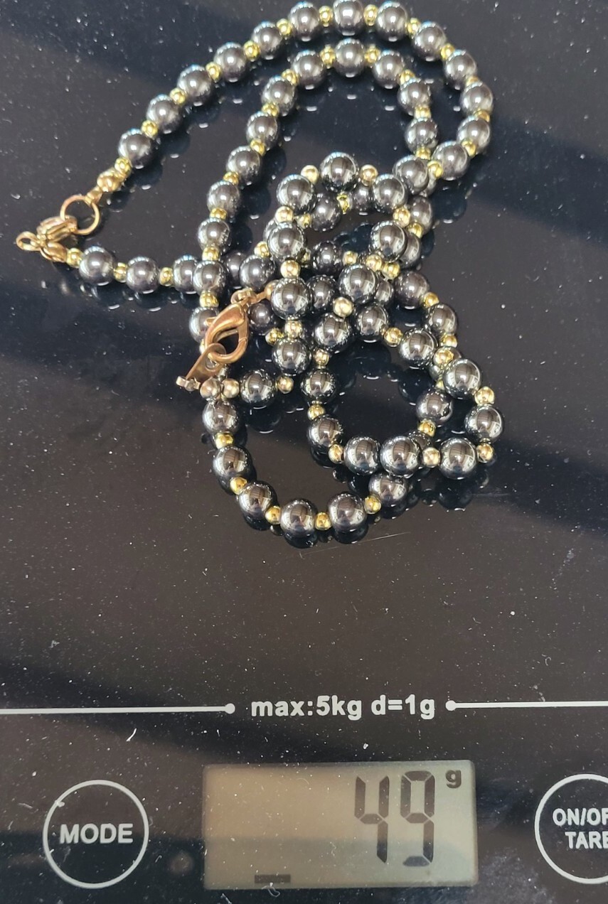 Vintage 20cm Gold Tone Black Hematite Stone 6mm Bead Bracelet & 45cm Necklace