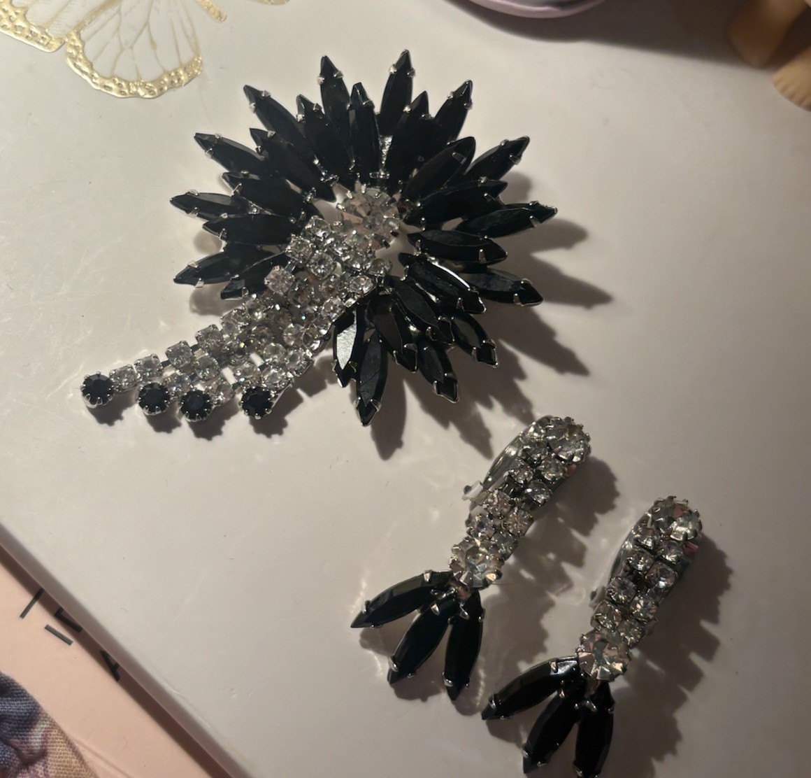 Vintage Black & Clear Marquise Rhinestone Brooch & Clip-On Earrings Set