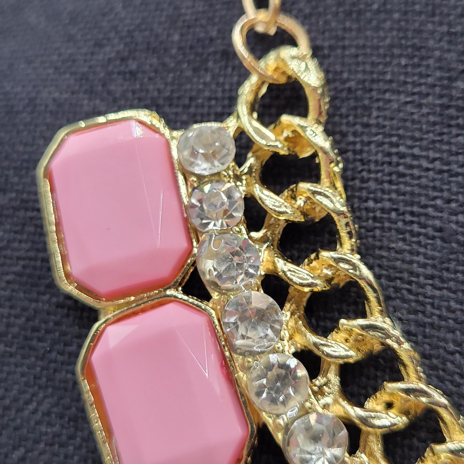 Fancy Rhinestone & Pink Acrylic with Milkglass Style Vintage Gold Tone Necklace